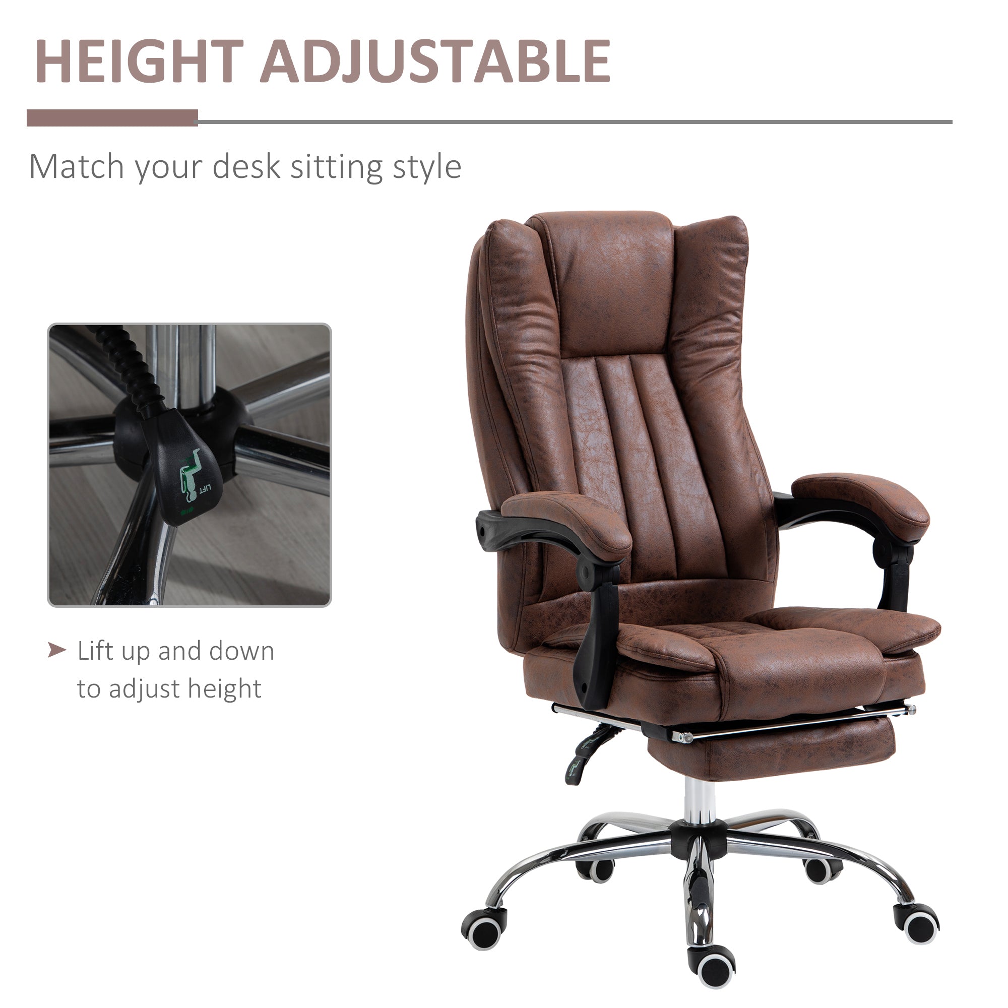 Home Office Chair, Reclining Function Armrests Swivel Wheels Footrest, Microfibre Brown