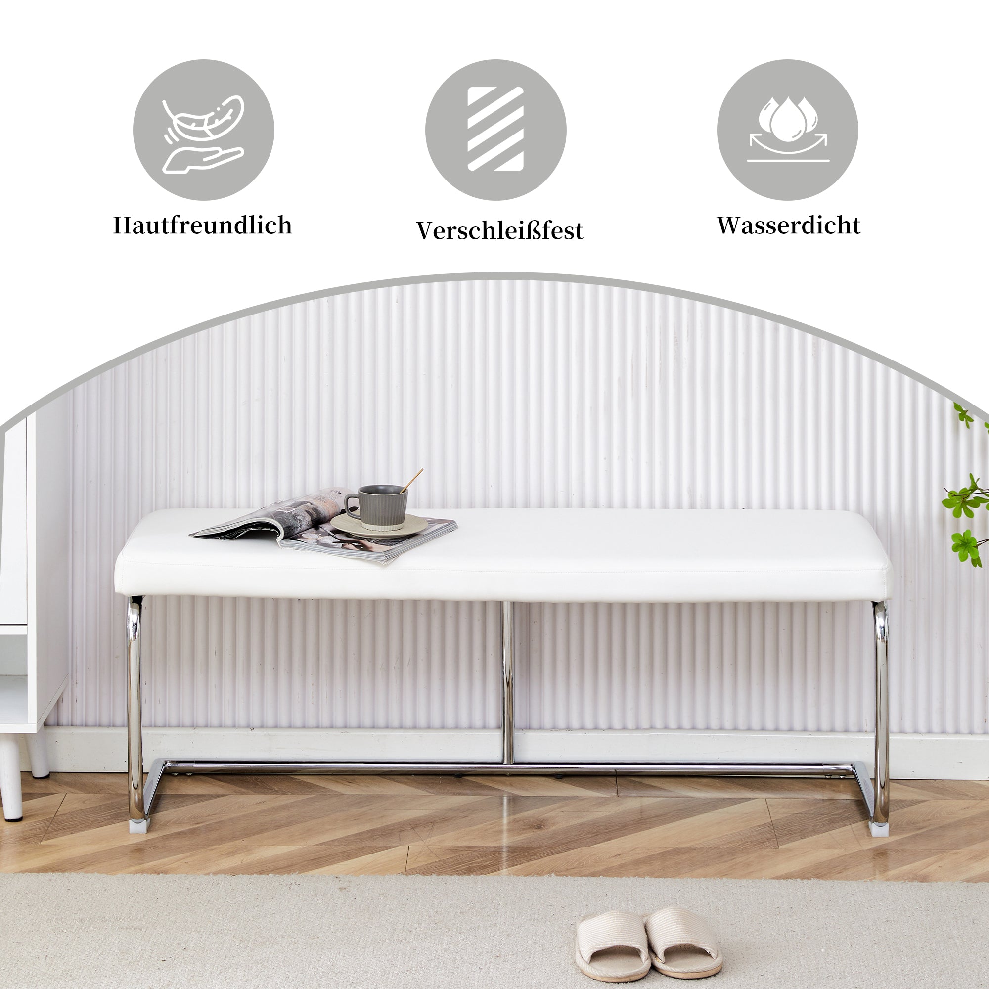 Bench 130cm Modern for Dining Room & Hallway, White Leather