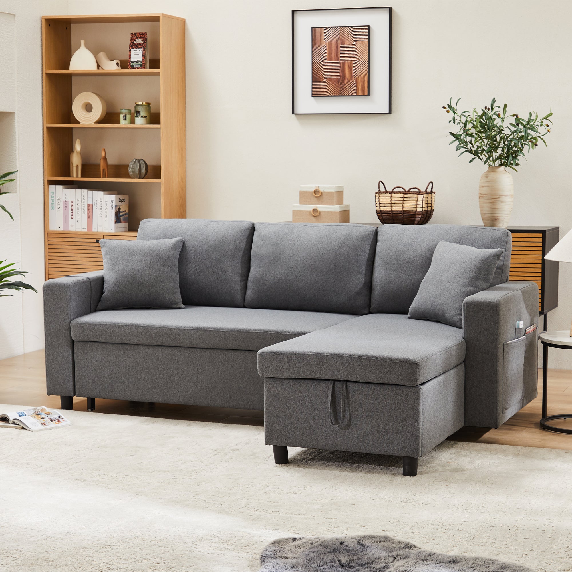 Sleeper Sofa L-Shaped Chaise Longue Storage Pocket Reversible