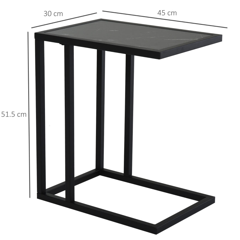 C Shape Bedside Table, Metal Frame Snack End Table, Marble-Effect Top, Black