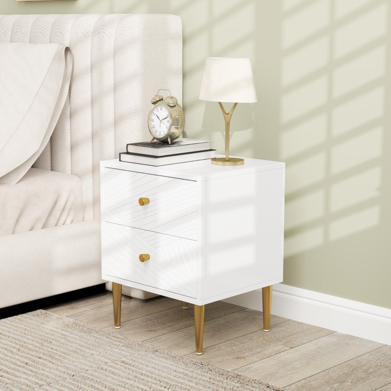 Elegant Bedside Table Two-Drawer White/Gold-Tone