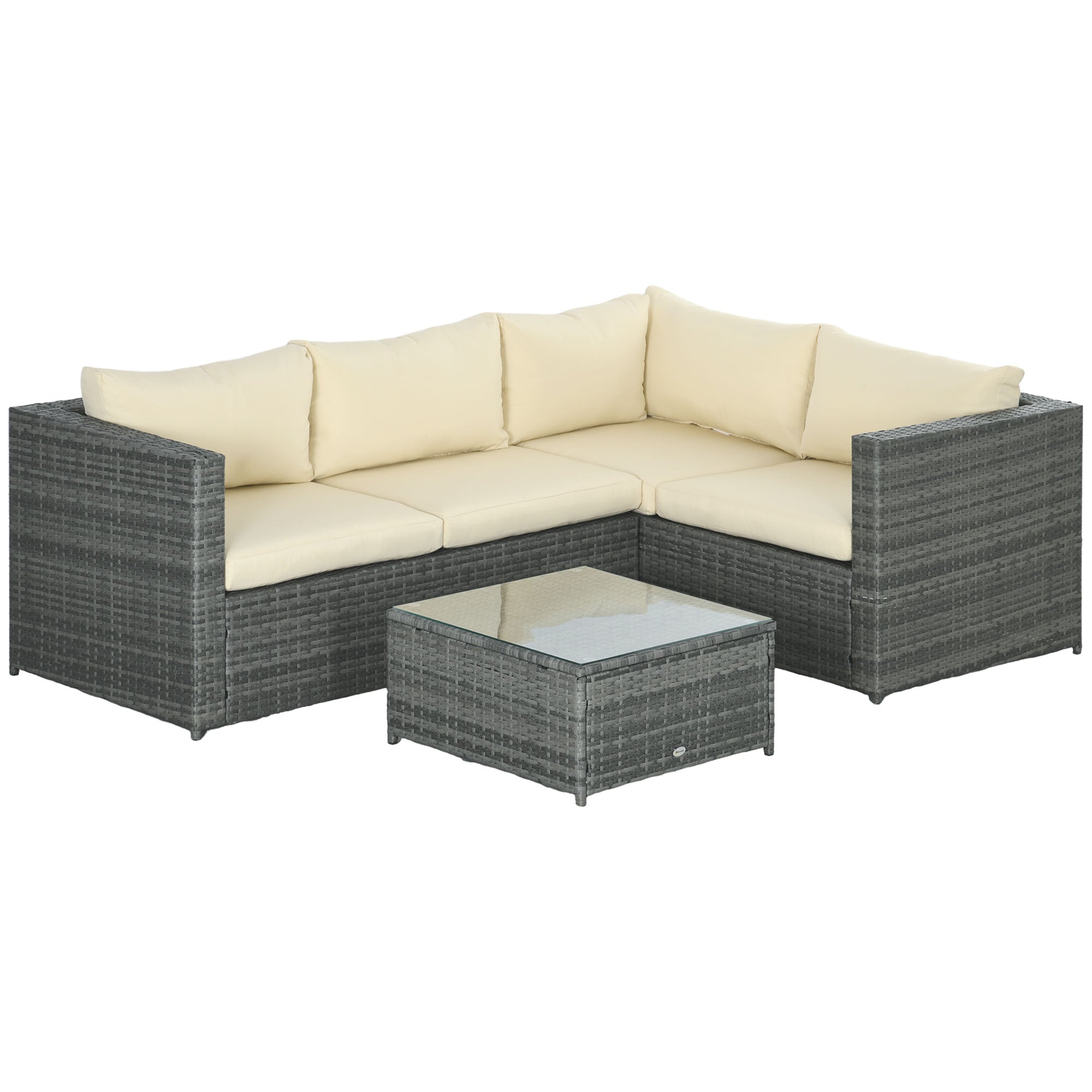 3 Pieces PE Rattan Garden Furniture Set, 4 Seater Corner Sofa, Glass Top Table, Beige