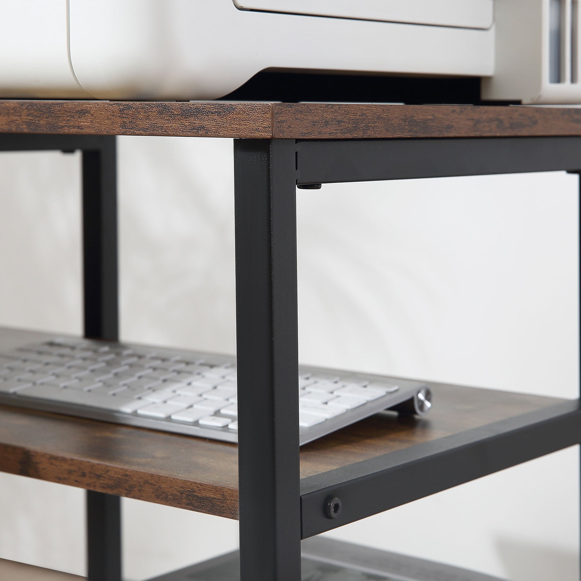 Corner Desk with Shelf and Drawer, L-Shaped, Rustic Brown Chipboard Metal