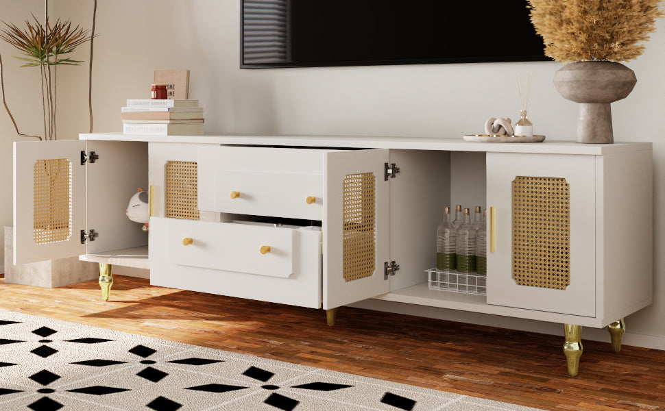 TV Cabinet, Retro Lowboard with Rattan Door & Gold Handles, Metal Legs
