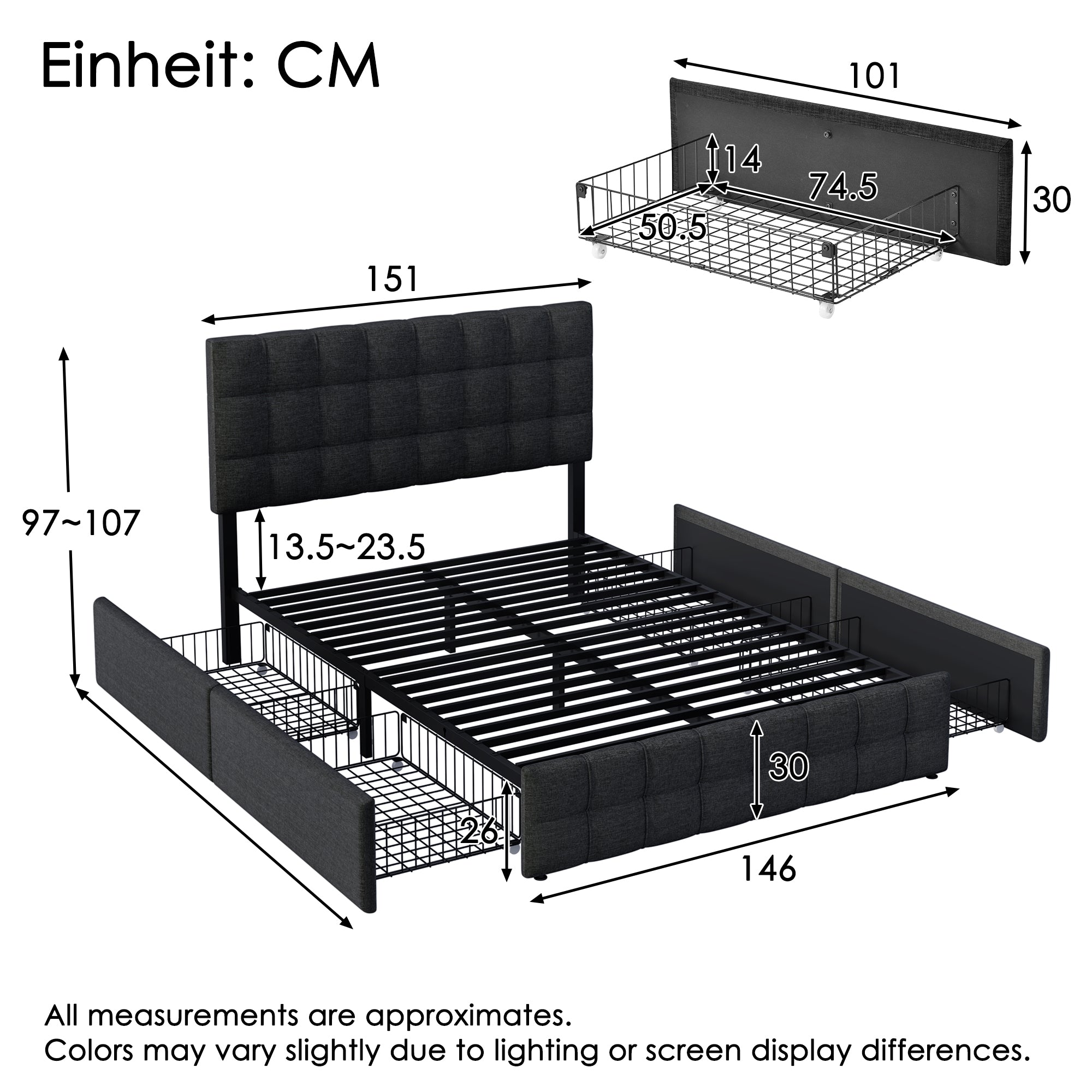 Upholstered Bed with 4 Drawers, Adjustable Headboard, 140x200cm, Black Linen