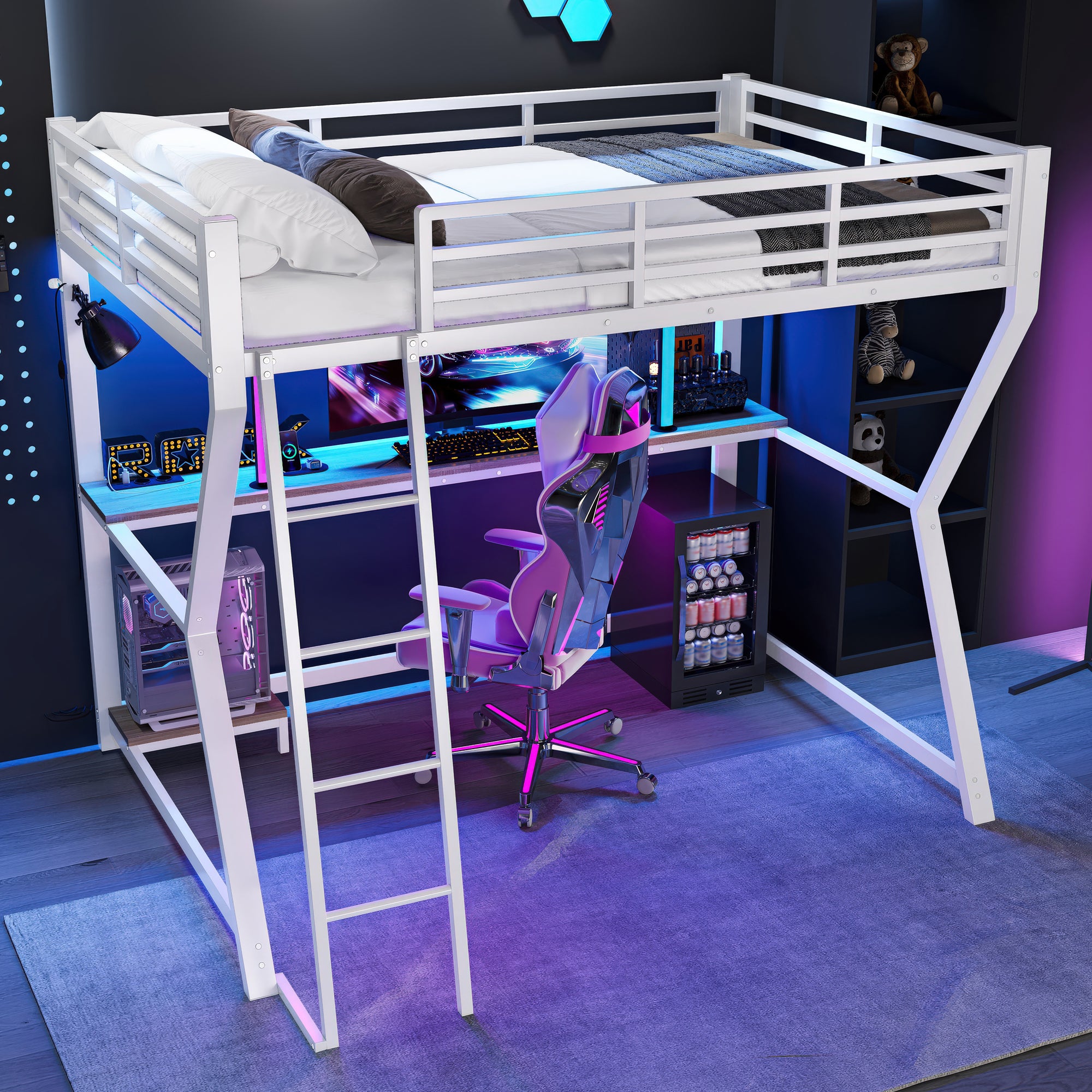 Loft Bed 90x200cm Desk LED USB Port Stairs - White