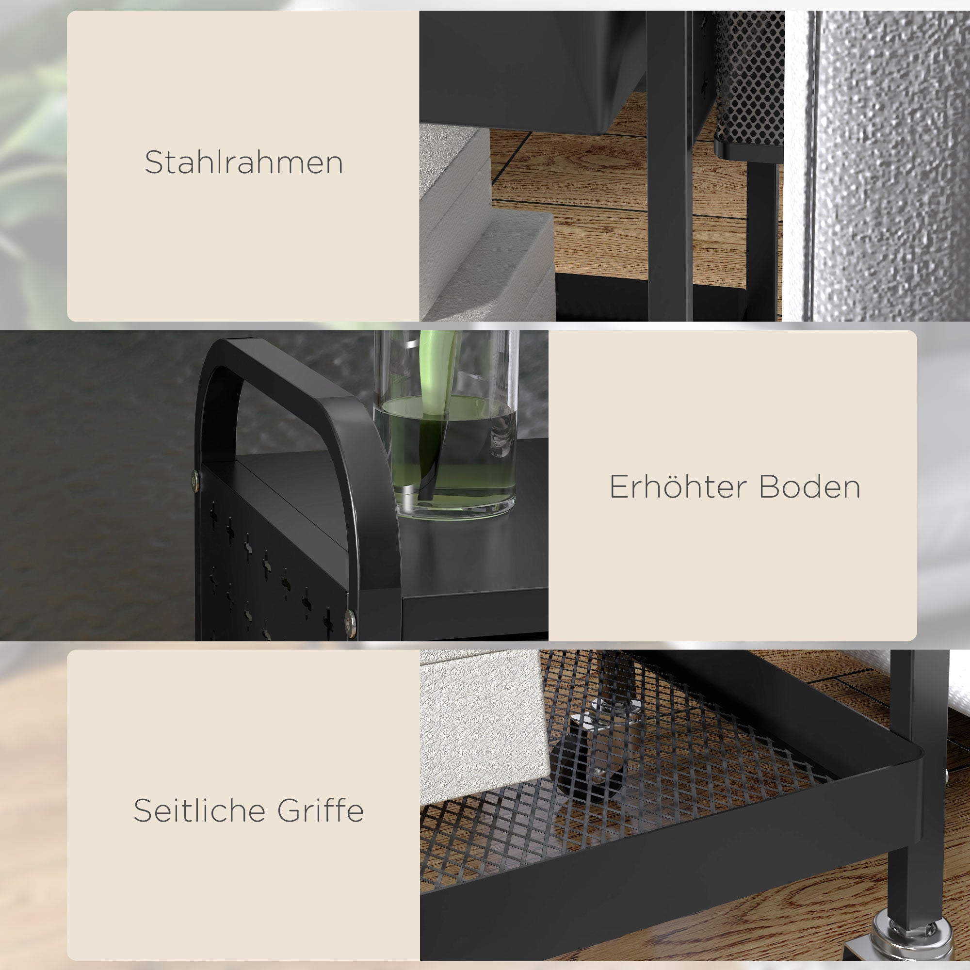 Rolling/Serving/Storage Trolley, 1 Drawer 1 Shelf with Hooks, Steel Black