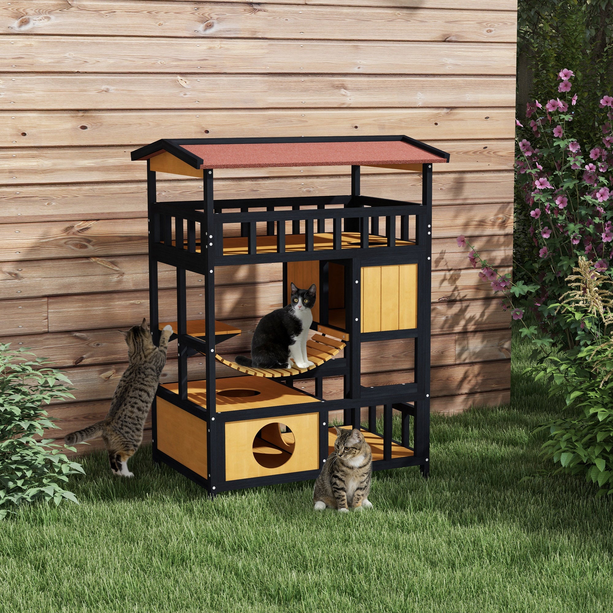 Cat House with Platforms, Hanging Bridge, 2 Cats, Wooden, Yellow