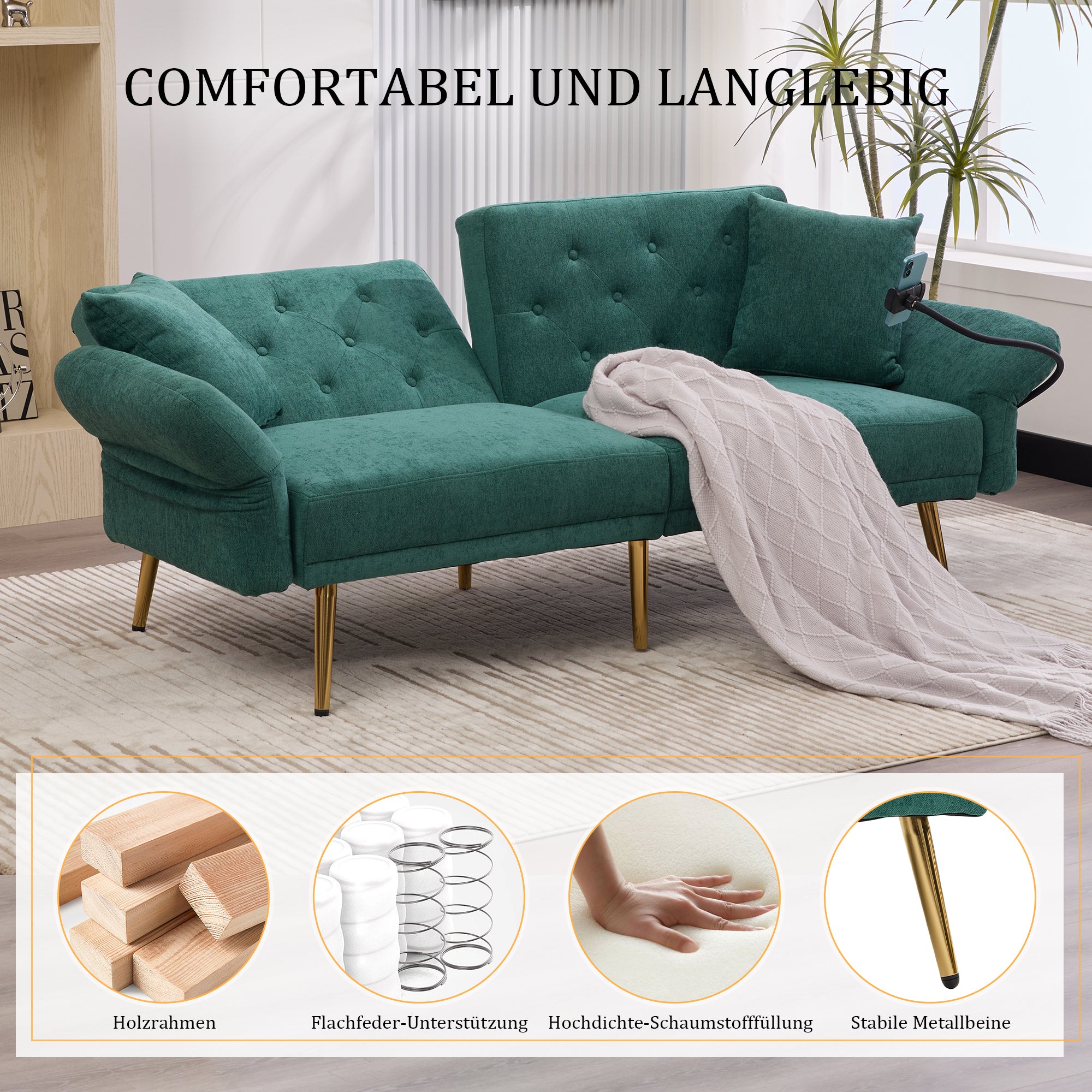 Sofa Bed, Multifunctional Folding with USB & Storage, Metal Legs