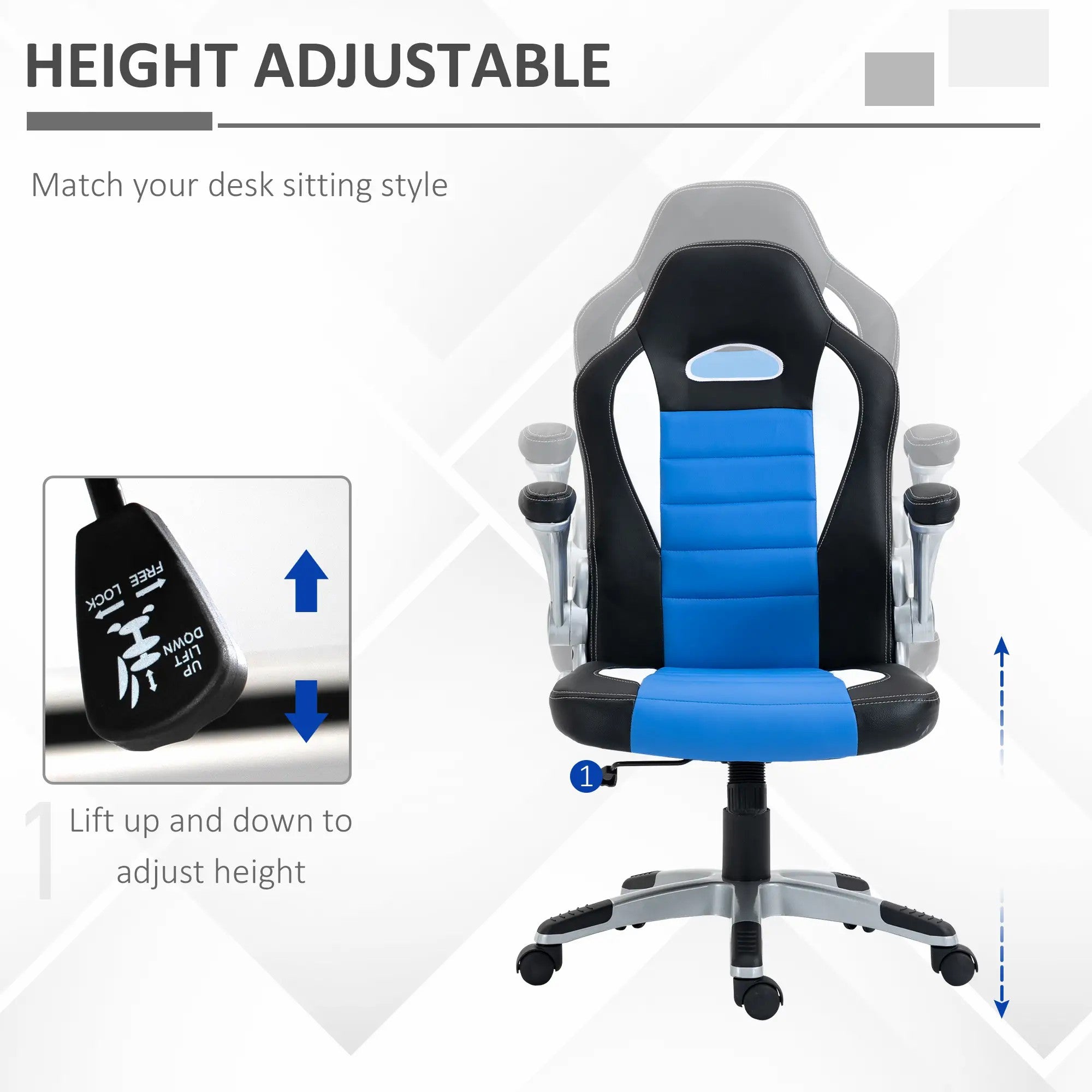 Computer Gaming Chair Swivel with Flip-up Armrest, Adjustable Height, PU Leather Blue