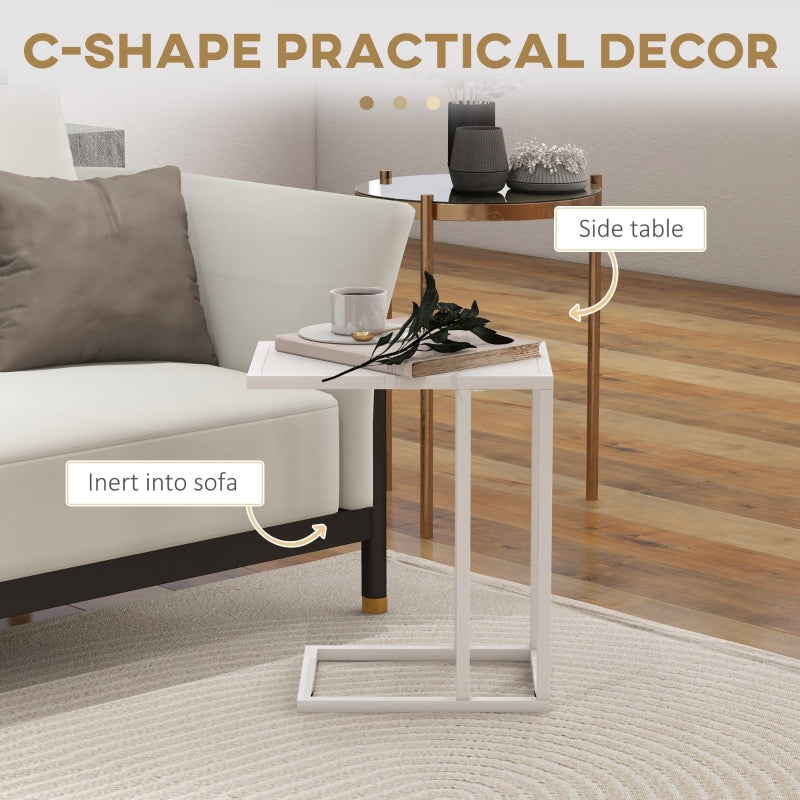 C Shape Bedside Table, Narrow Snack End Table, Metal Frame Wood-Effect Top, White