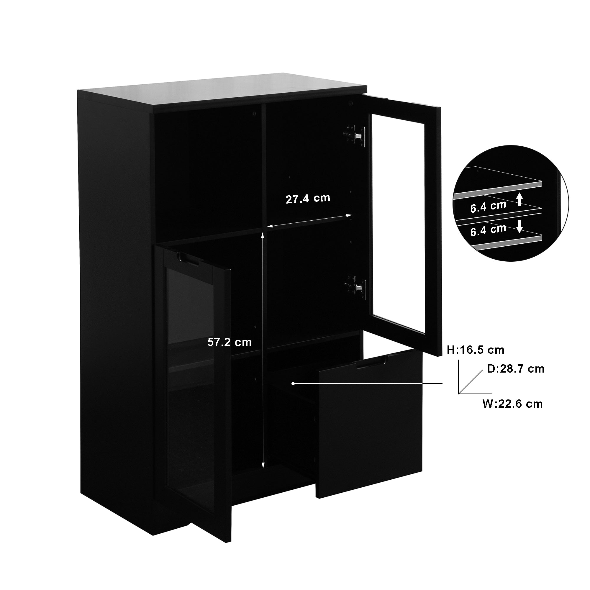 MDF Cabinet Glass Doors Drawer Open Storage - Black