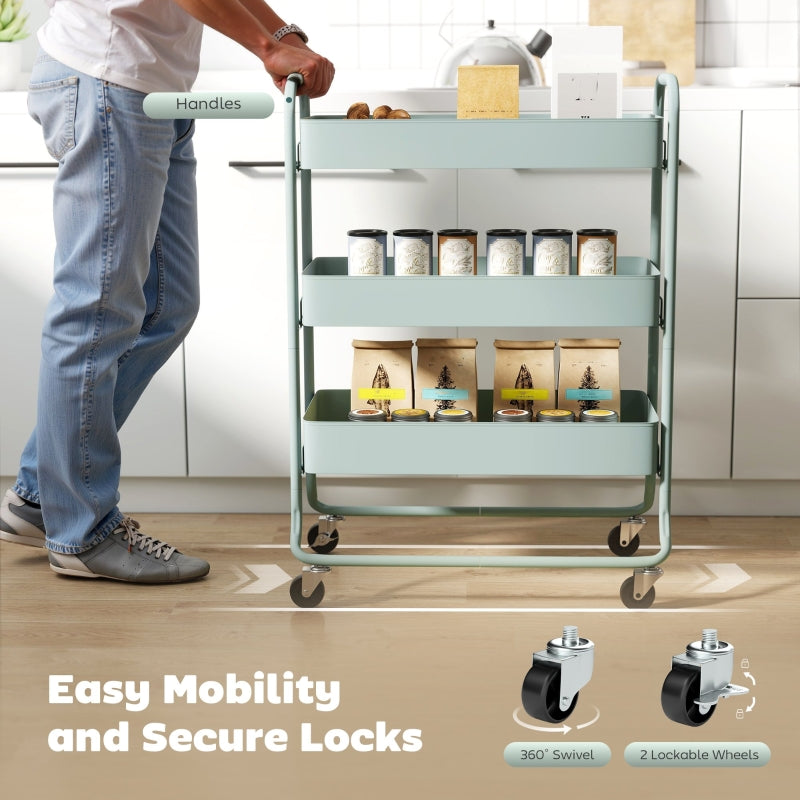 3-Tier Storage Trolley on Wheels, Rolling Utility Cart with Mesh Baskets, Metal, Light Green