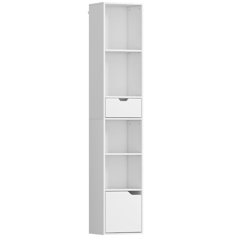 6-Tier Bookcase Tall Narrow Bookshelf with Drawer and Door - White