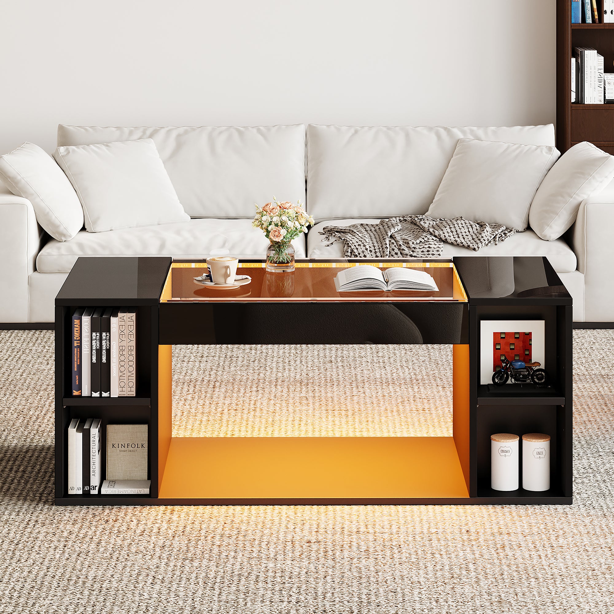 Coffee Table 100x50x40cm LED High-Gloss Tempered Glass Black