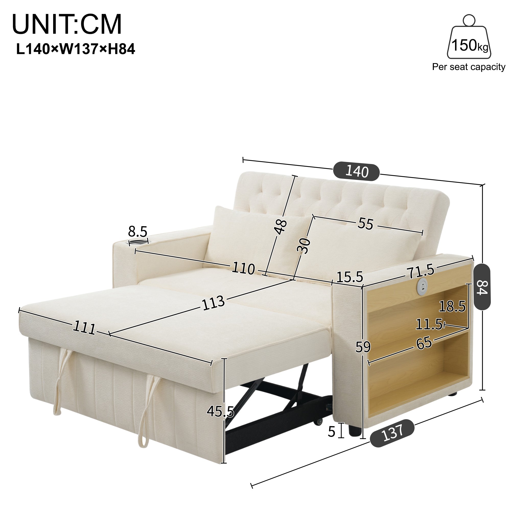 Sofa Bed, Modern Folding with Storage, Cup Holder, USB, Beige