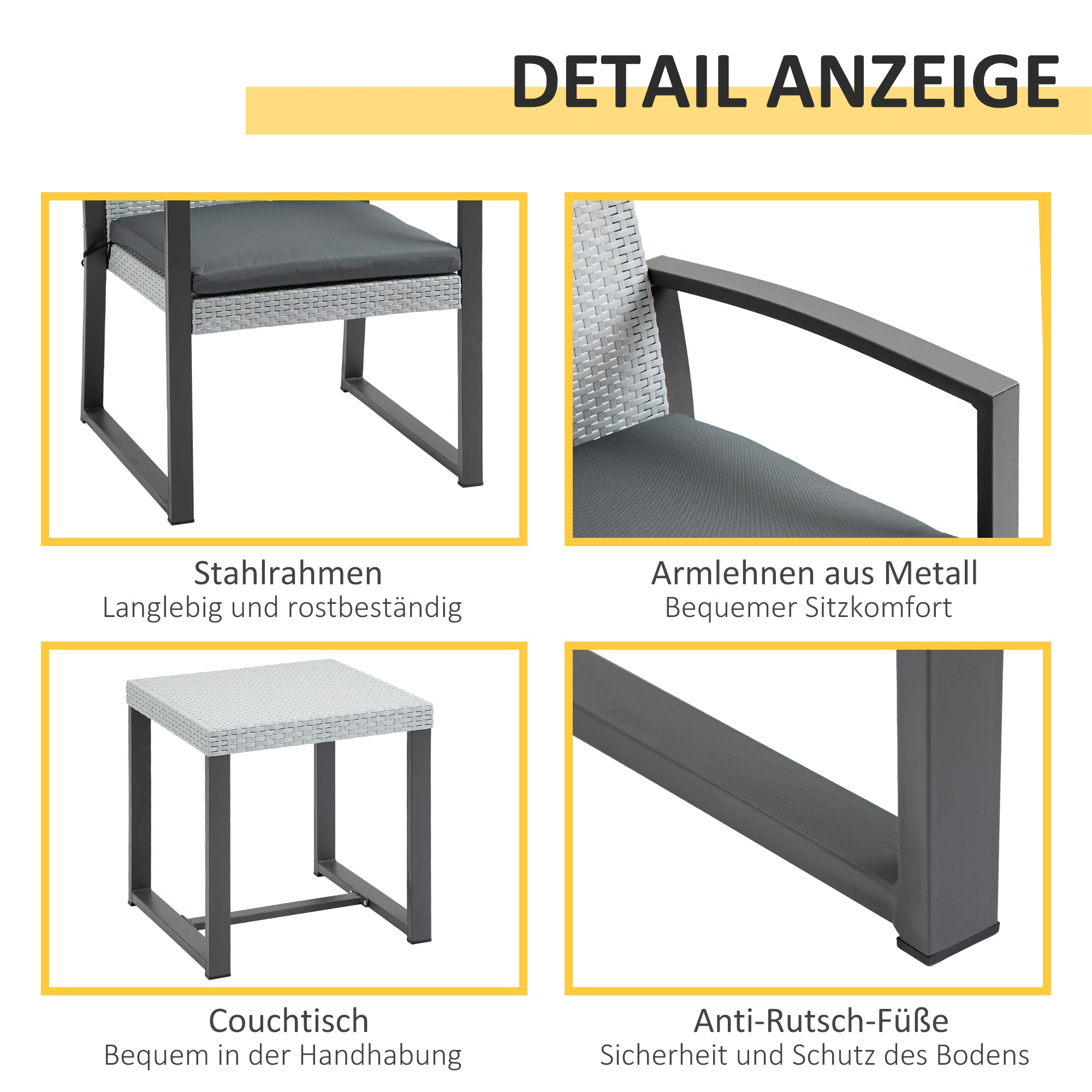 Rattan Seating Set, 3-Piece with Dining Table, Steel & Polyester, Black/Grey