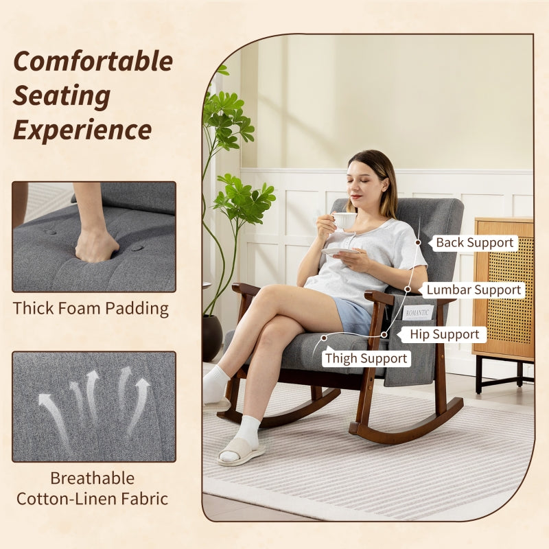 Wood Frame Rocking Accent Chair, 35° Rocking Base with Side Pocket, Grey