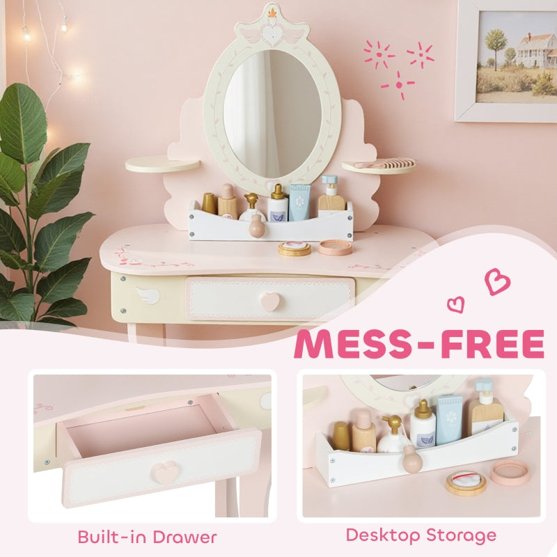Kids Dressing Table Vanity Set with Mirror Stool Drawer Storage Pink