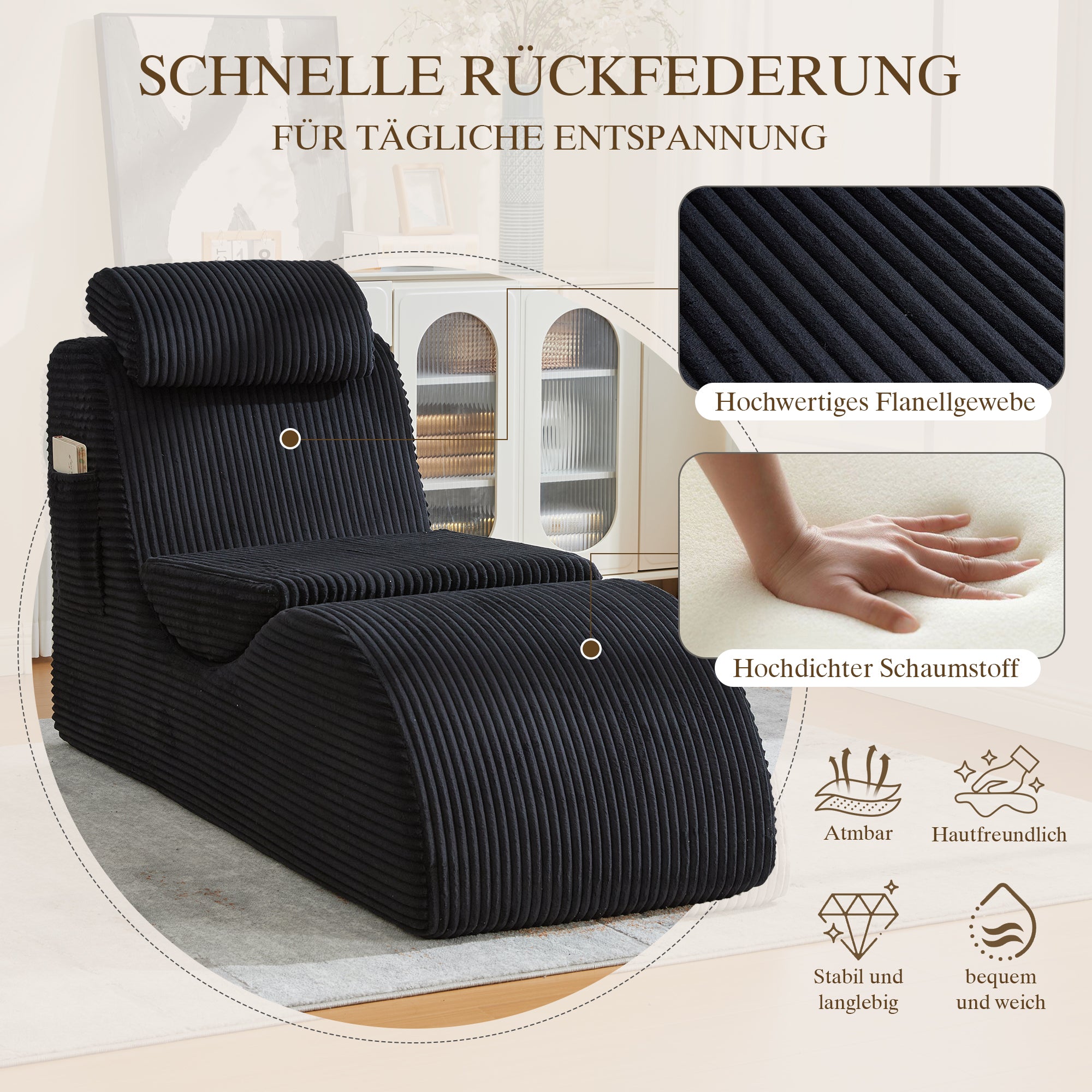 Modern Leisure Chair with Ergonomic Compression Foam and Side Pocket, Black