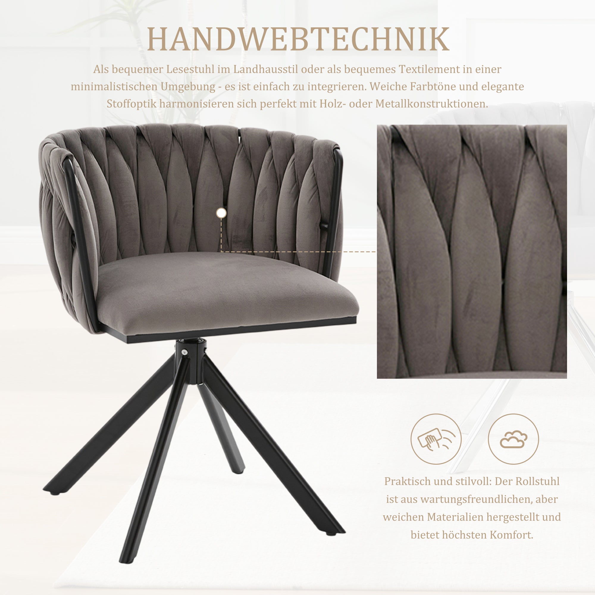 Velour Armchair, 180° Swivel, Ergonomic, Heavy-Duty Metal Frame