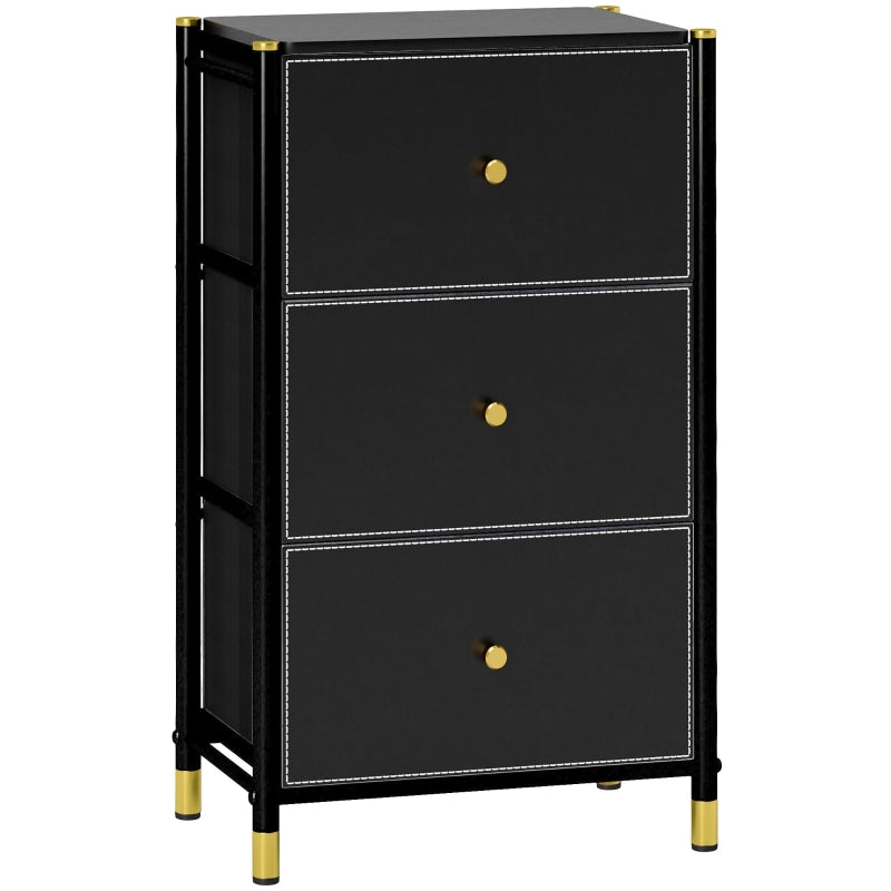 Chest of Three Drawers, Faux Leather Front Storage Unit, Black