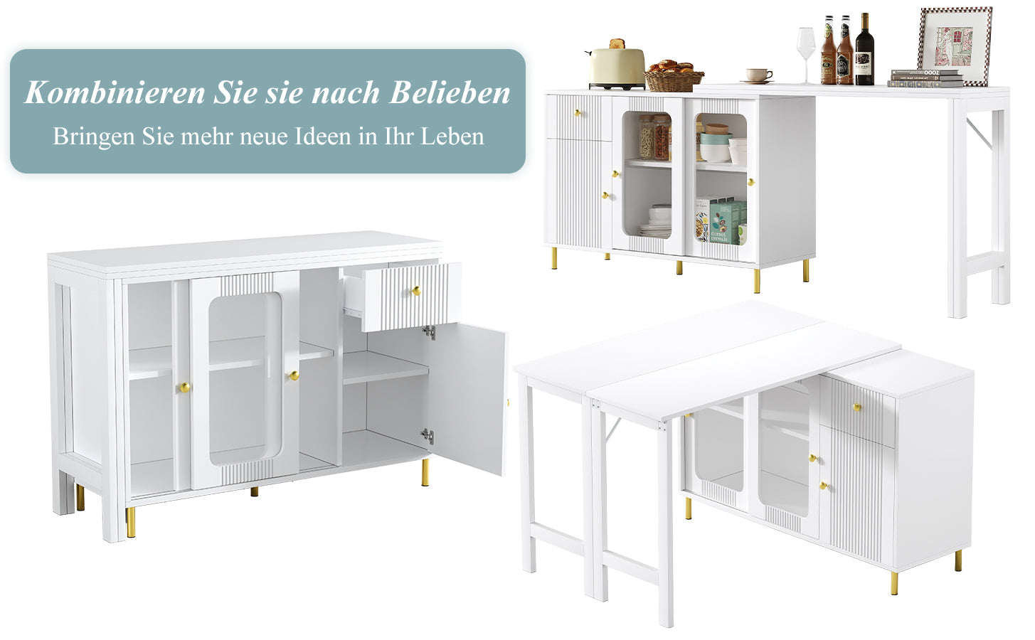 Buffet Sideboard Folding Extendable Top Rotating Glass Wave Doors - White