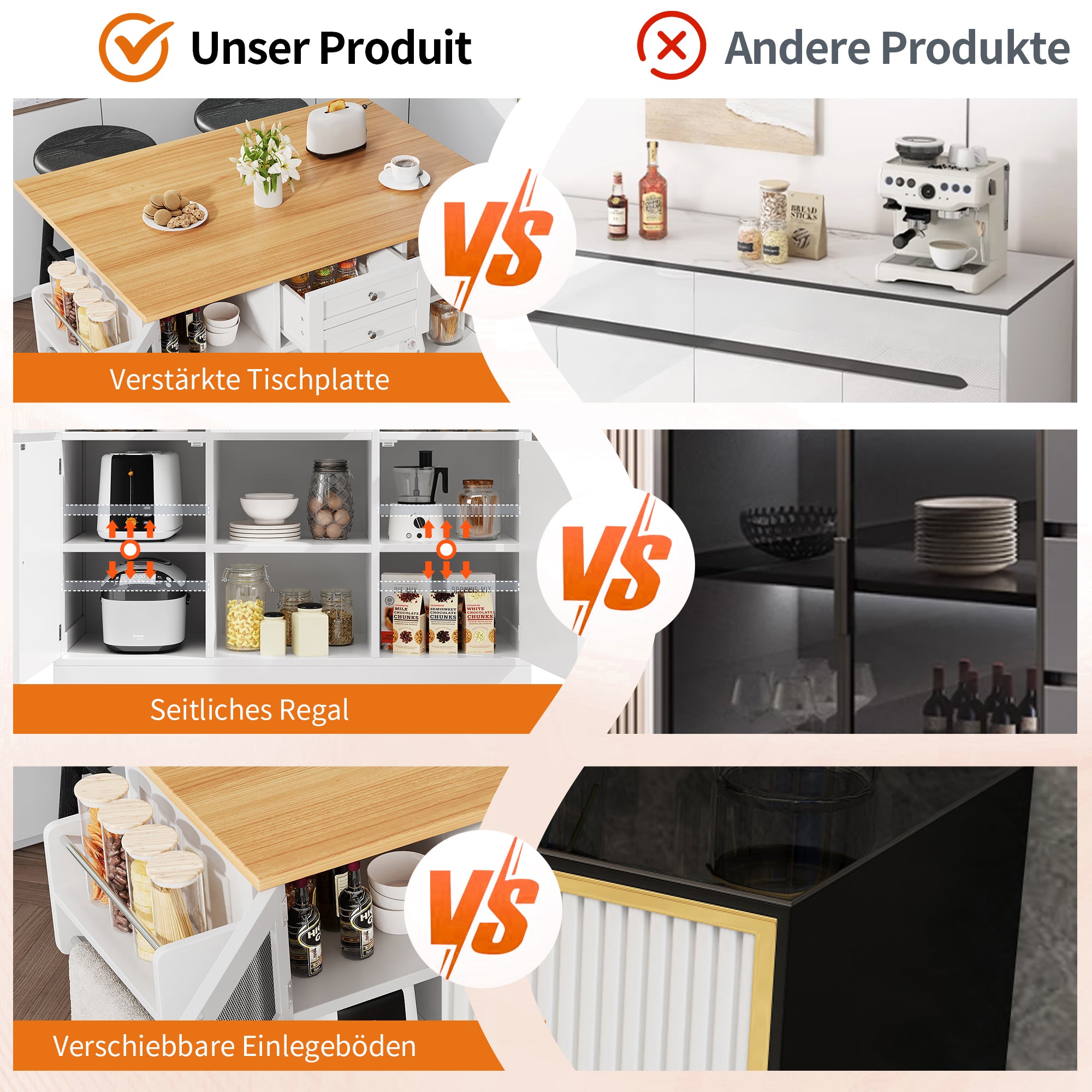 Kitchen Island Dining Trolley Sideboard Worktop Casters Adjustable Storage White