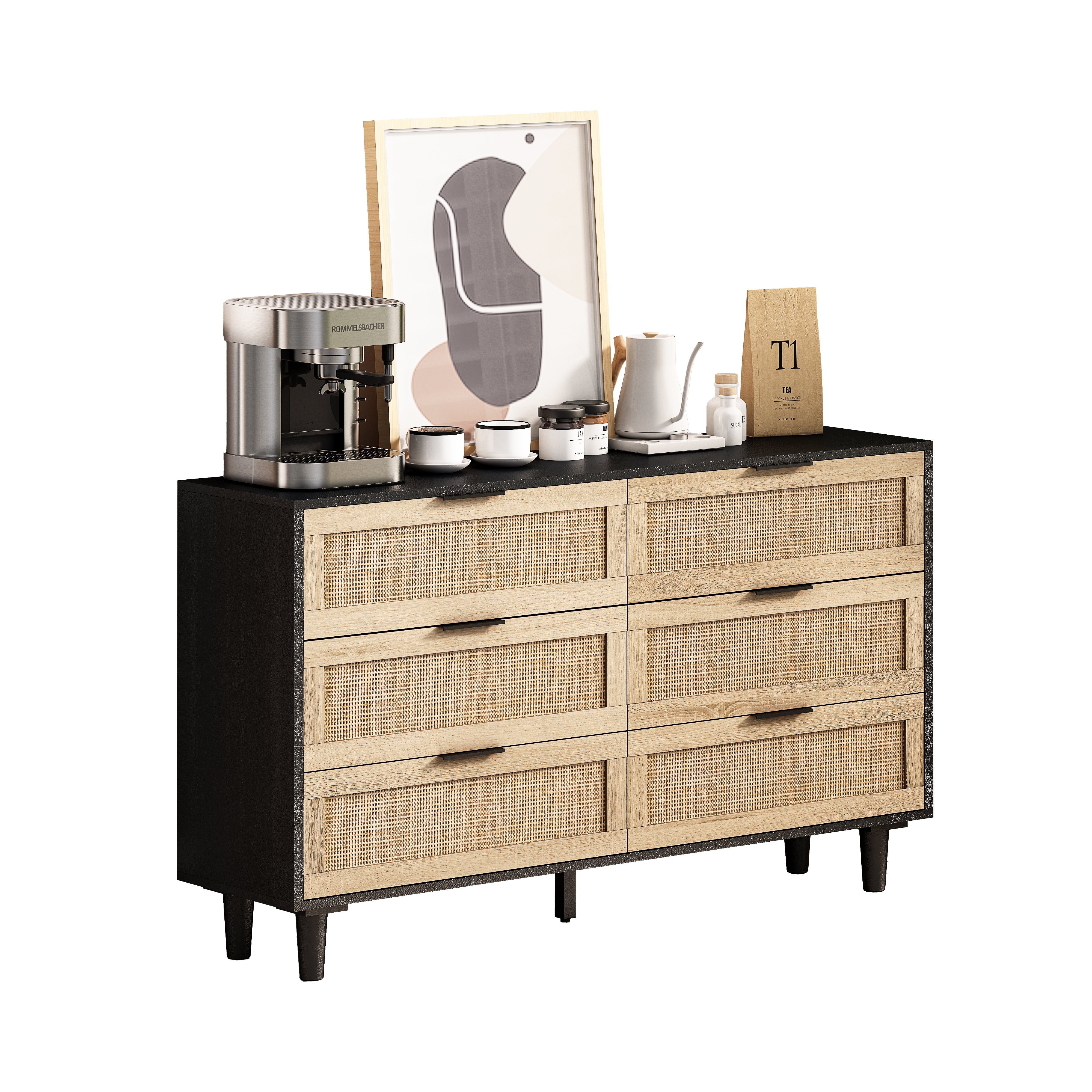 Rattan Storage Cabinet, 130CM 6-Drawer, Black