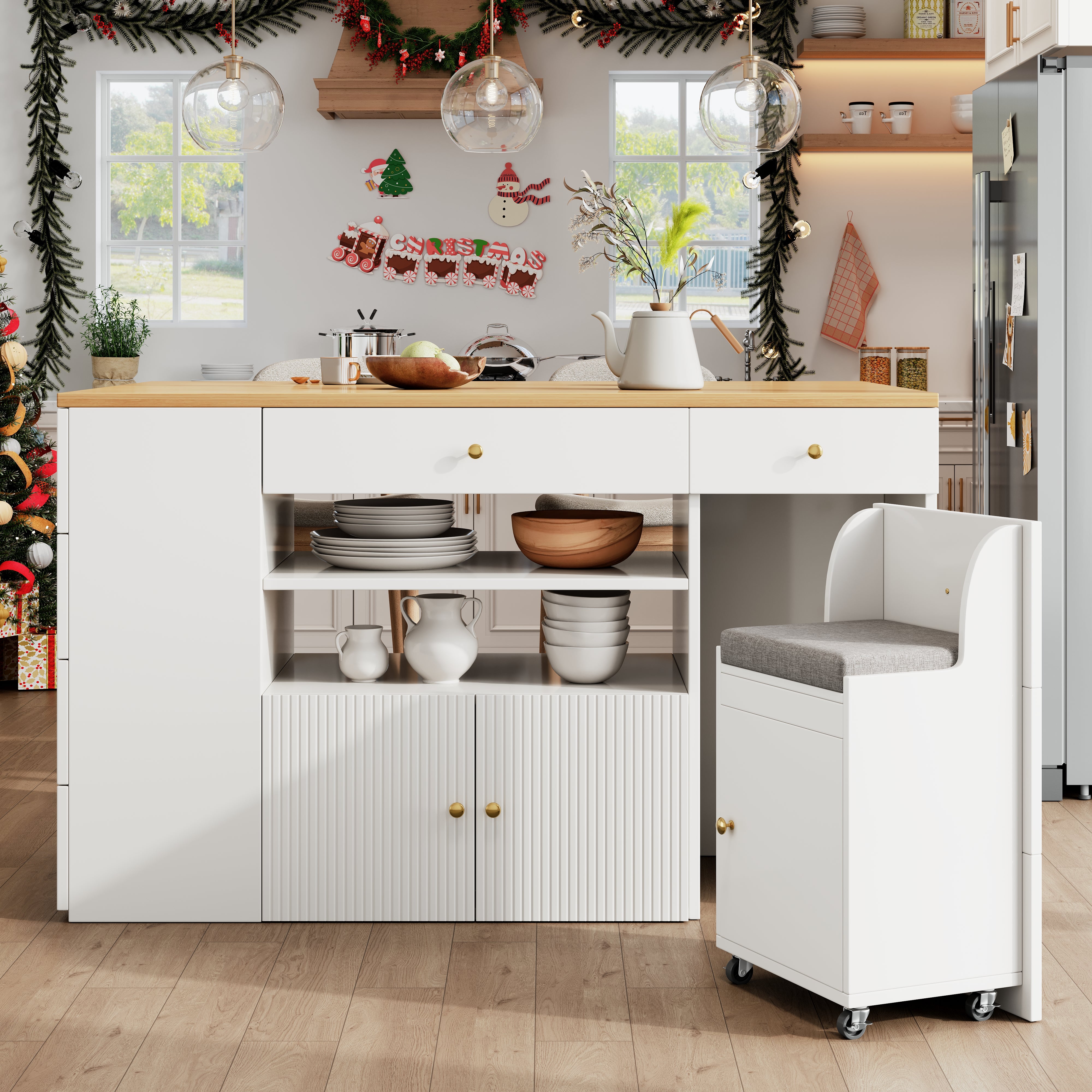 Kitchen Island Sideboard with 6 Drawers and Bar Stools, White and Black