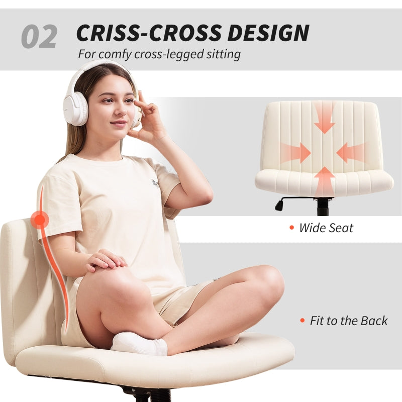 Armless Office Chair, Criss Cross Leg, Wide Seat, Height Adjustable Swivel, Linen Fabric, Cream