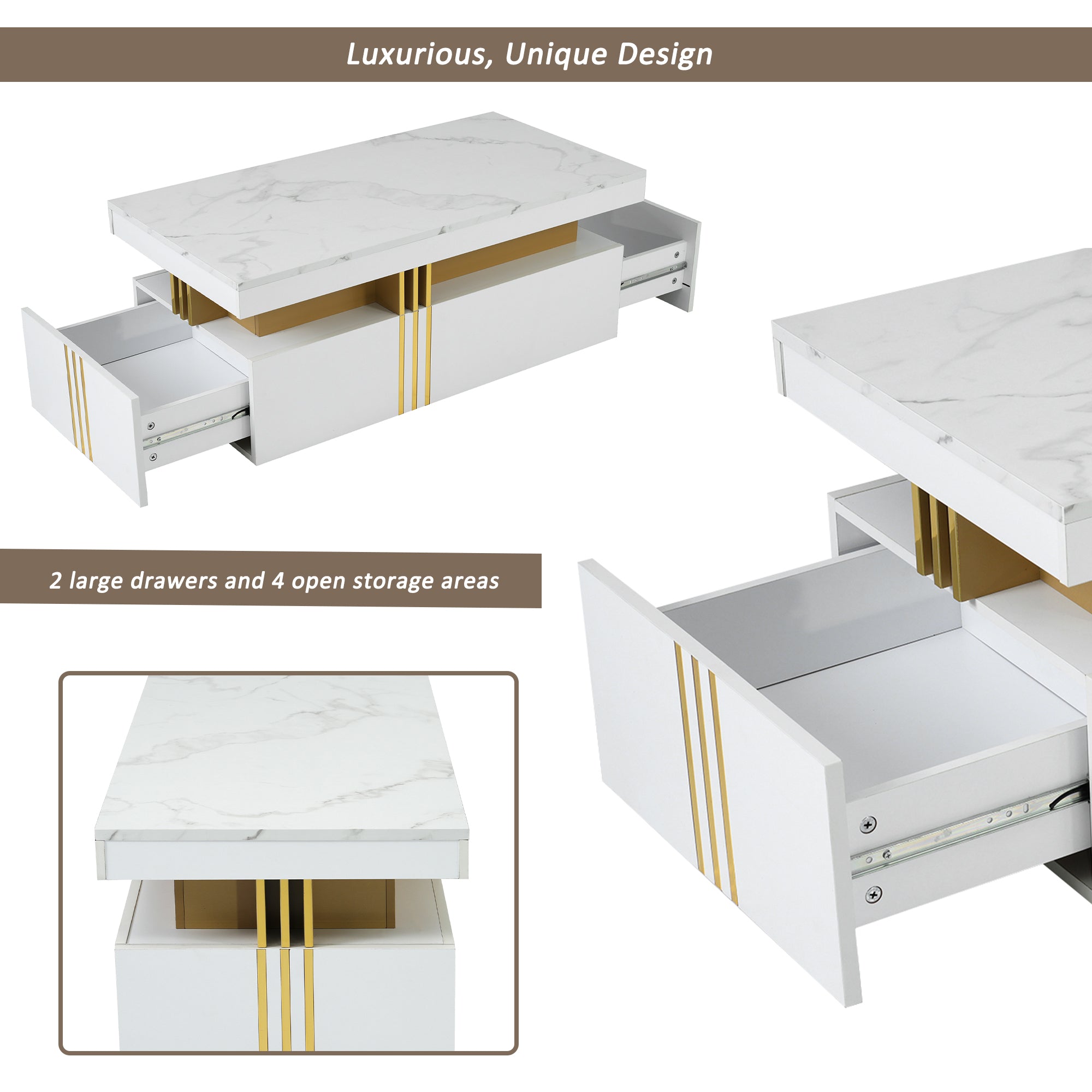 Modern rectangular coffee table with high gloss top and 2 wooden drawers, marble tabletop