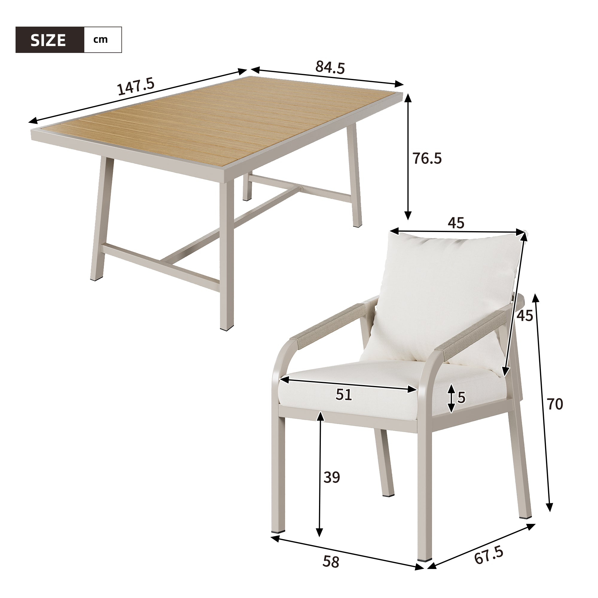 Garden Dining Set for 6 People with Plastic Wood Tabletop and Woven Rope Chairs, Khaki and Beige