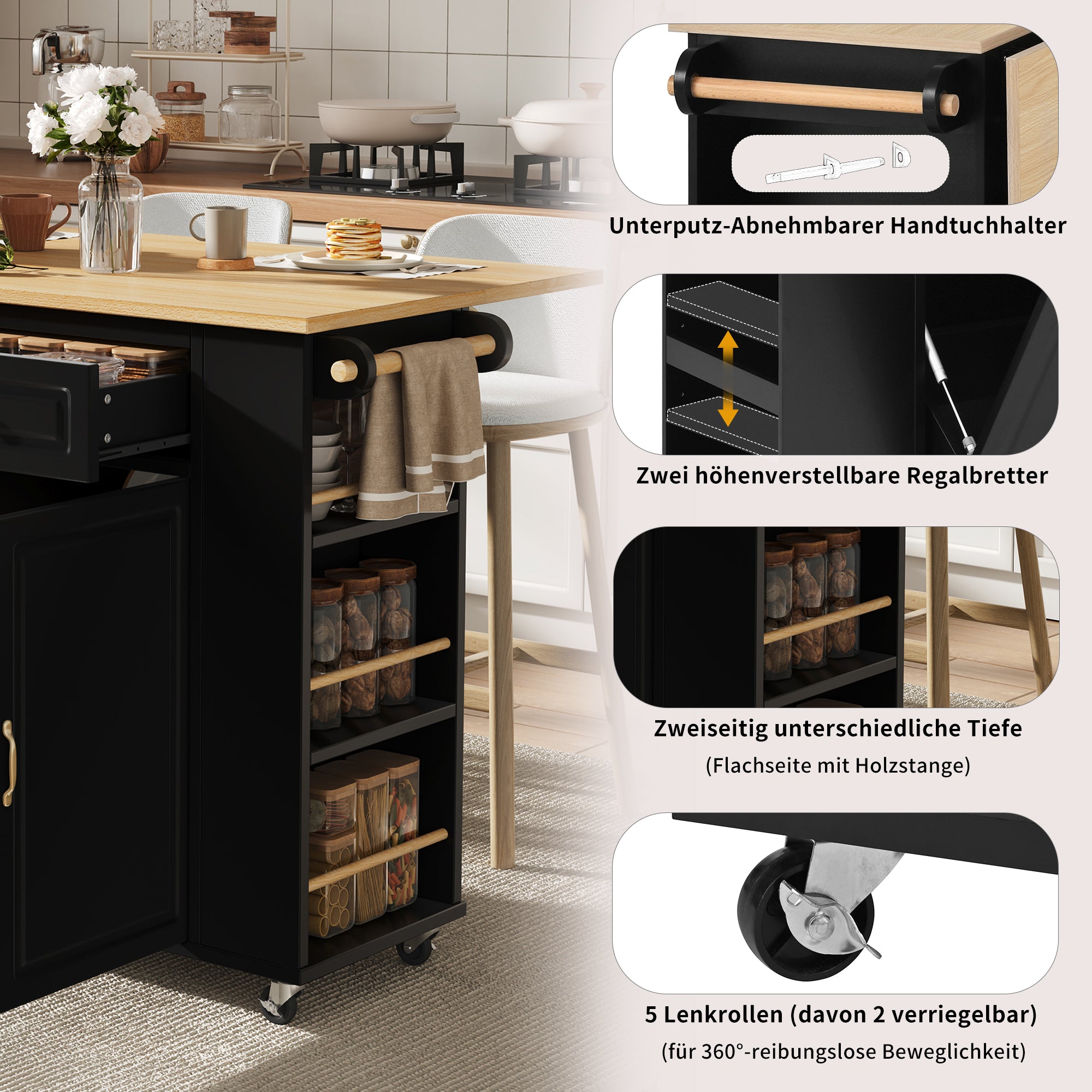 Kitchen Island Mobile Serving Cart Extendable Table Wheels Waste Bin Power Strips Black