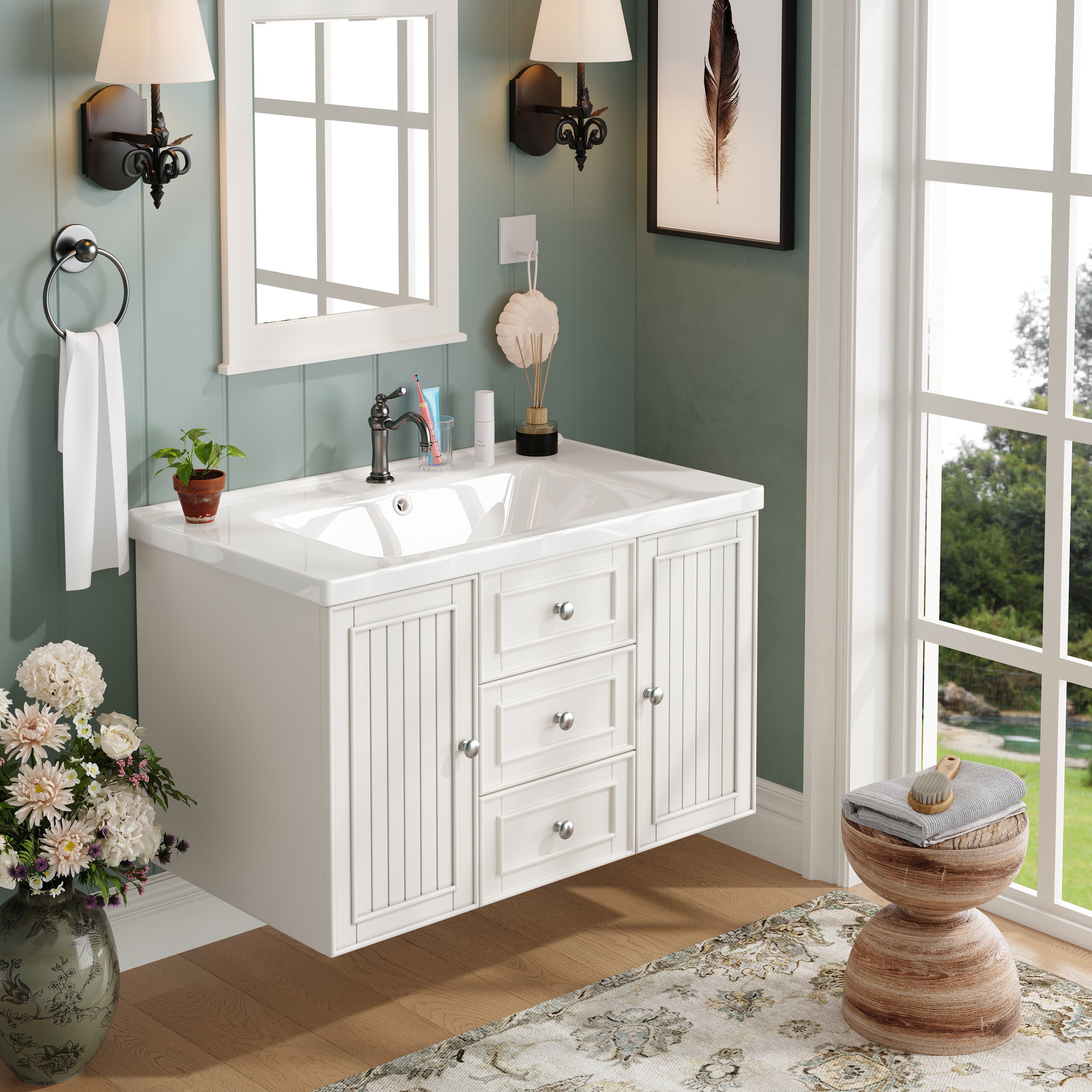 Wall-Mounted Vanity Unit 78.5cm With Sink 3 Drawers - White