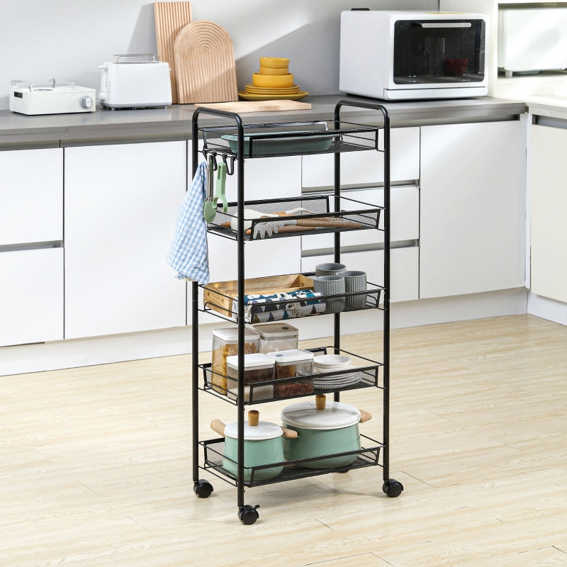 Rolling Cart 4 Tier, 5 Baskets, Steel Black
