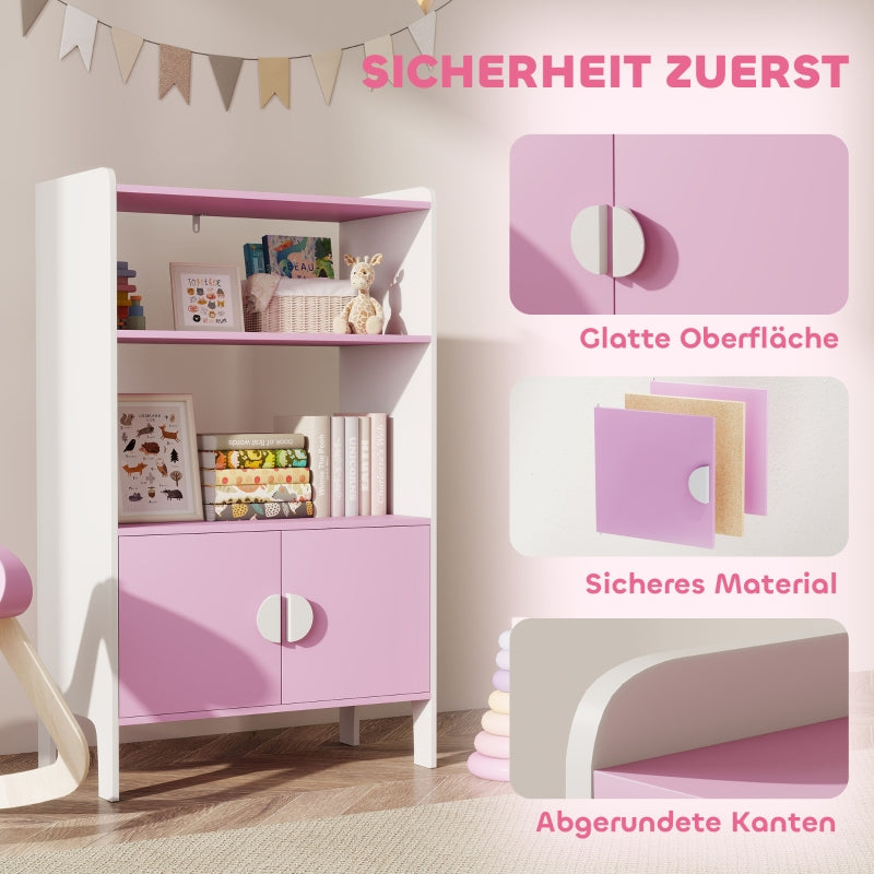 Kids Bookcase, 2 Shelves 2 Cabinets Freestanding, Pink+White MDF