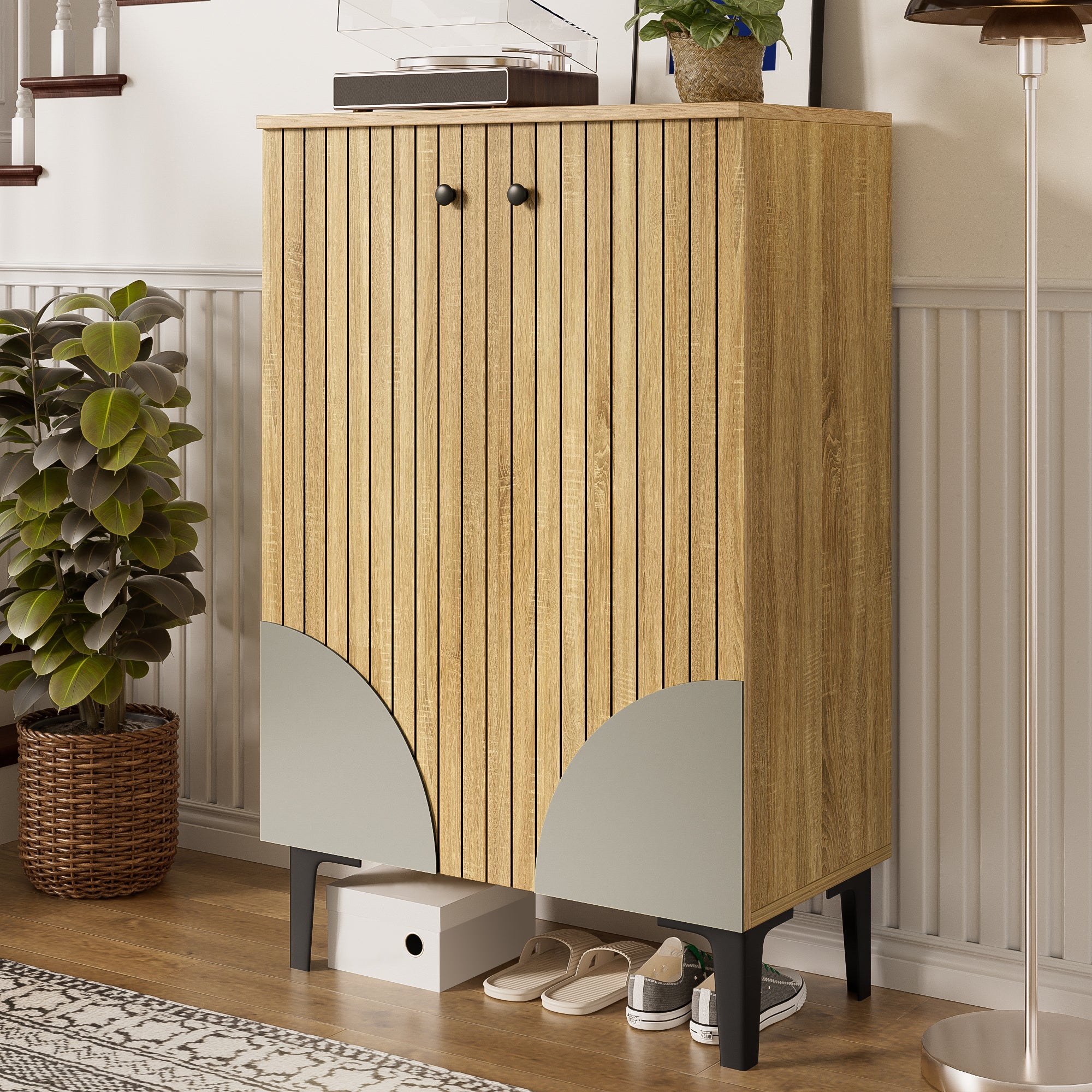 Wooden Shoe Cabinet - Space-Saving Organizer with Shelves & Storage - Black Metal Frame