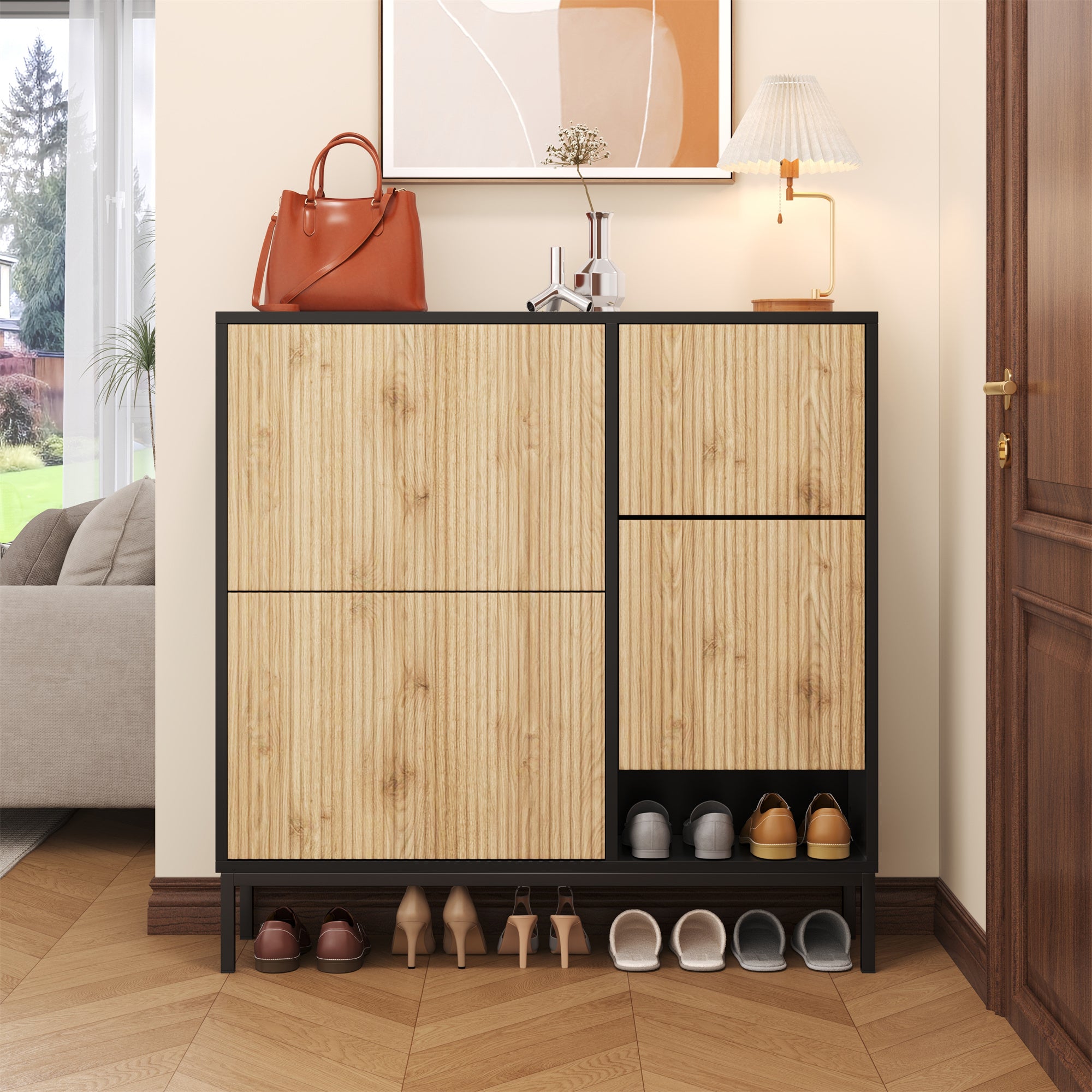 Shoe Cabinet with Changing Stool, 3 Flaps & Open Storage, Black + Wood Color
