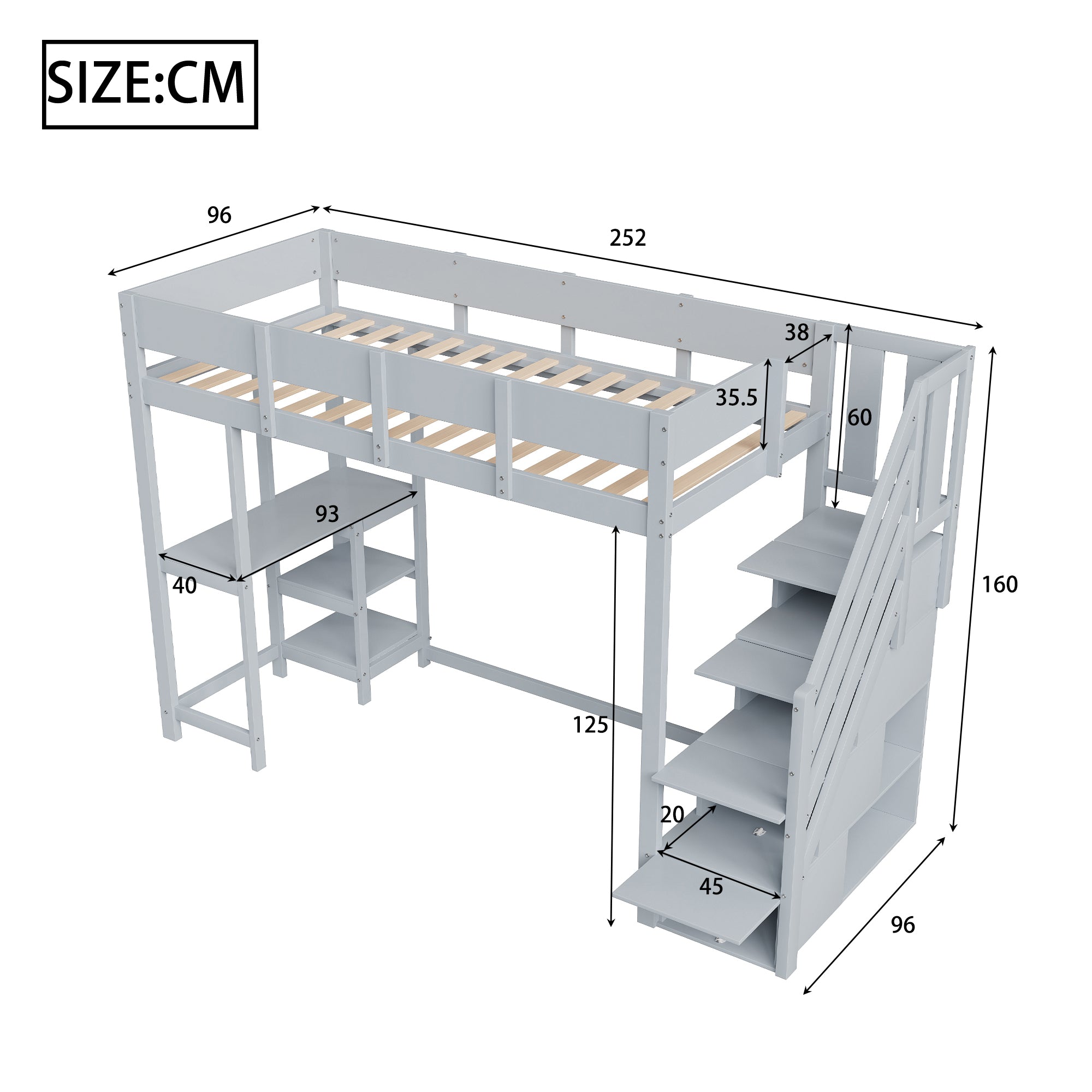 Bunk Bed, Multifunctional Loft with Storage & Shelf, Solid Pine Wood, Grey