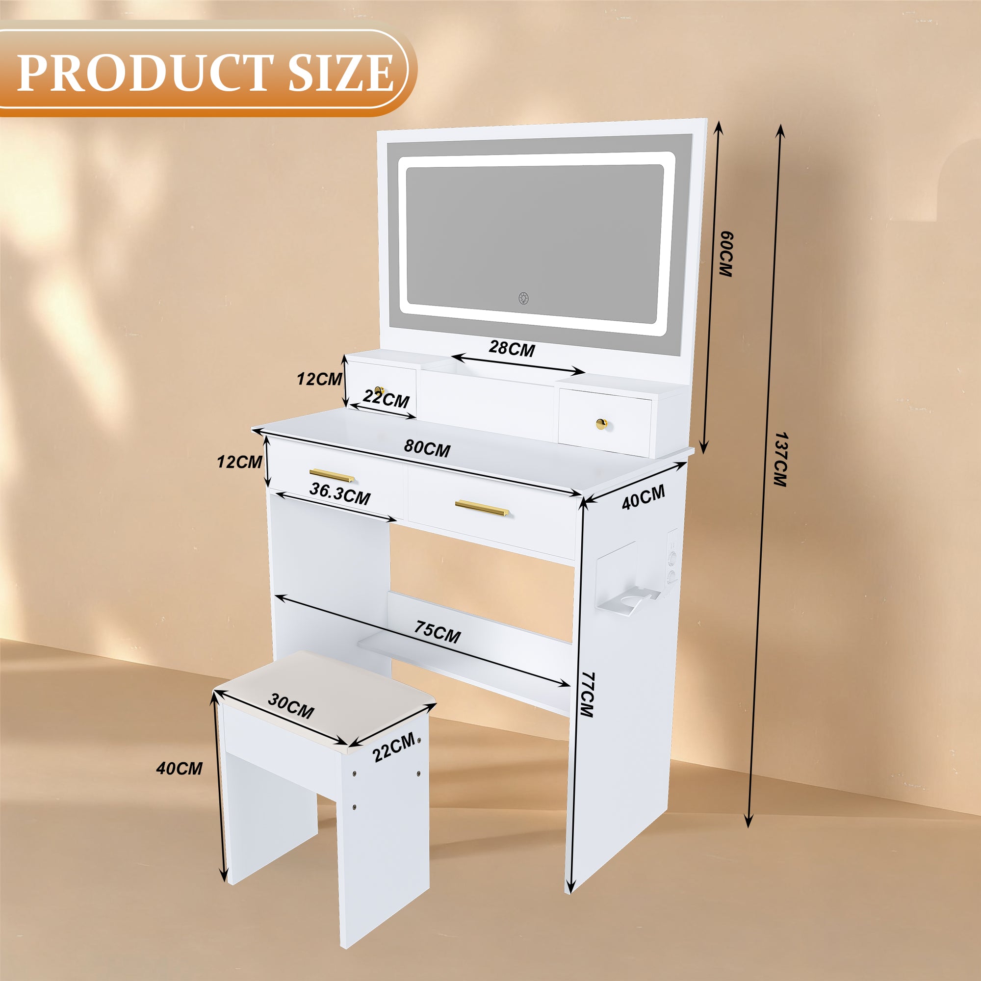 Bedroom Dressing Table, XXL Mirror, Stool, Socket, 4 Drawers, LED Light - White