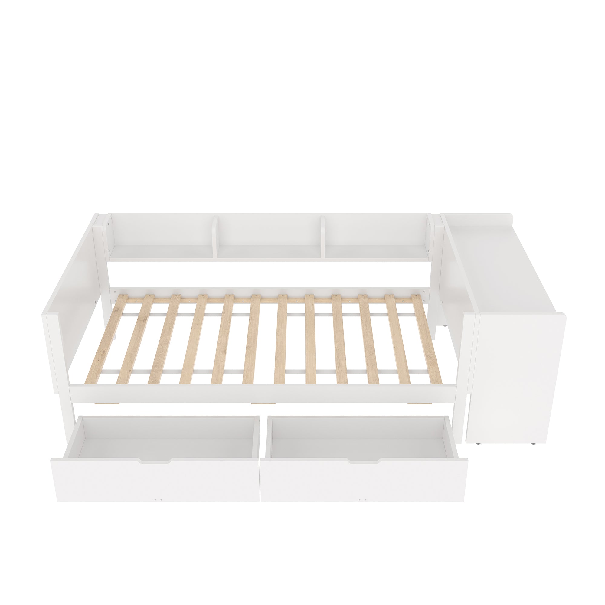 Single Bed 90x200cm Desk 2 Drawers Shelves - White Wood