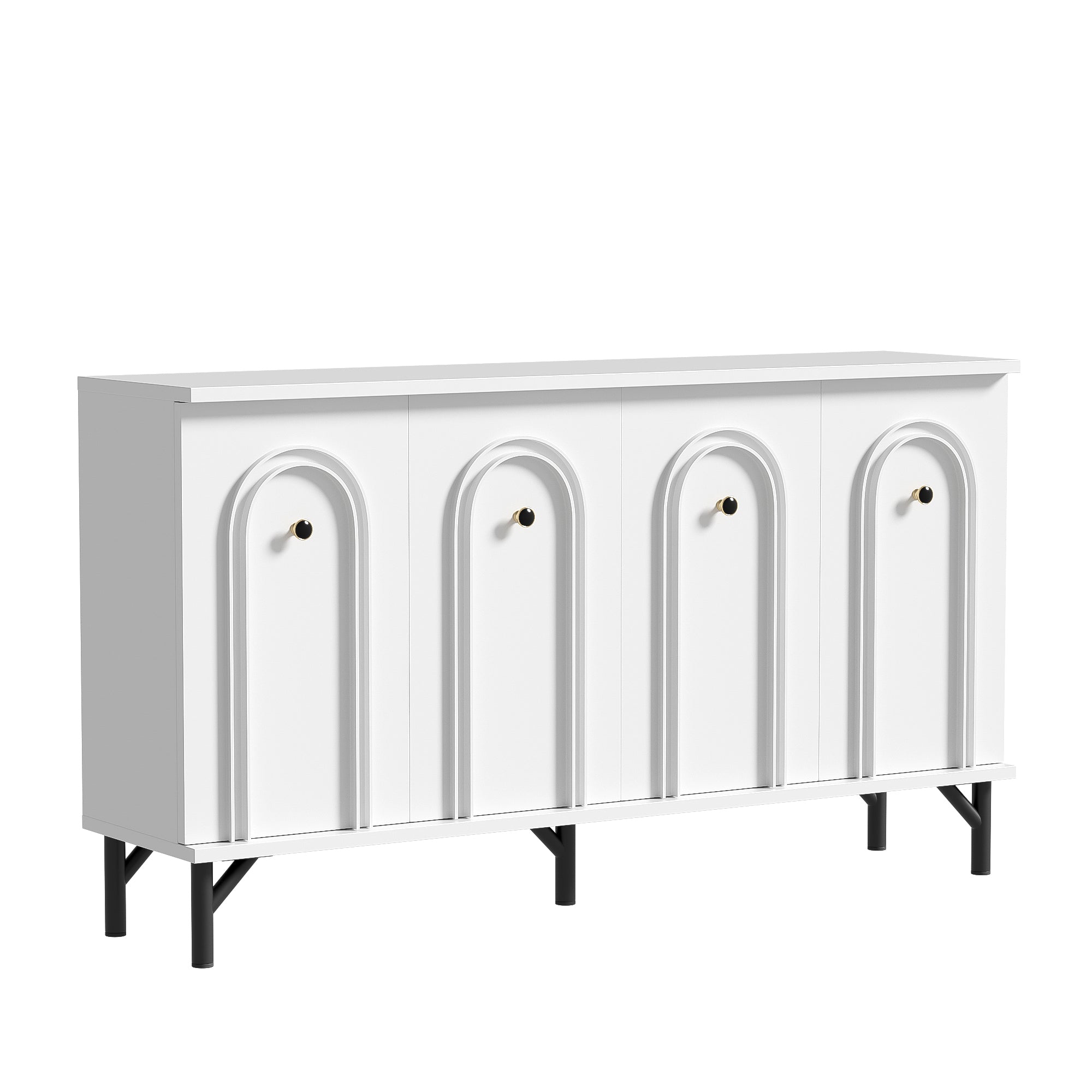 Sideboard, 4-Door with Curved Front, Adjustable Shelves, White