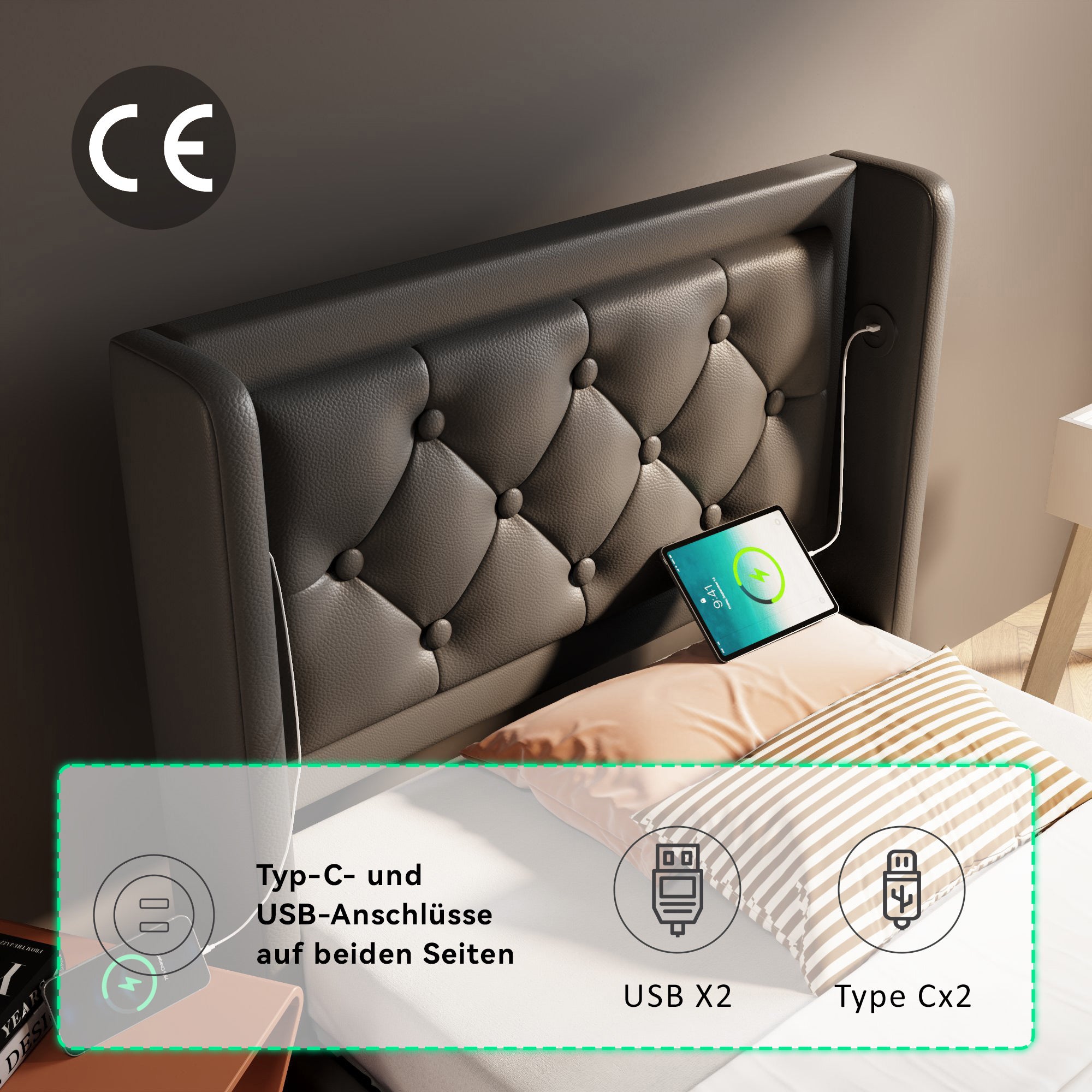 Upholstered Single Bed 90x200cm Hydraulic Storage USB-C LED Headboard, Black PU