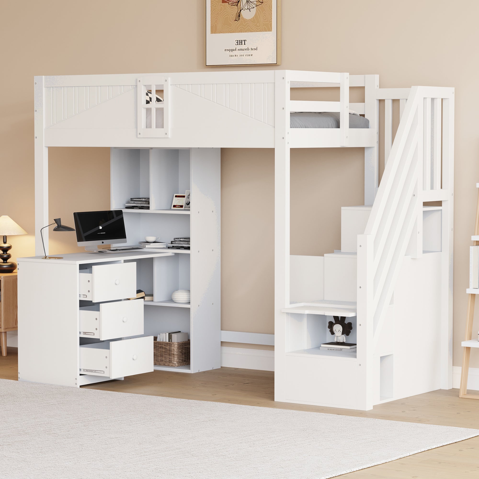 Loft Bed, 90x200cm with Storage, Desk, Drawers, White Solid Wood