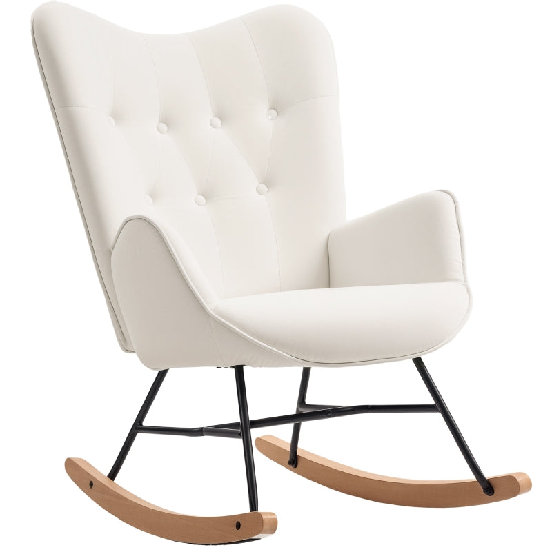 Rocking Chair, Modern Upholstered Armchair with Solid Wood Legs, Cream Velvet