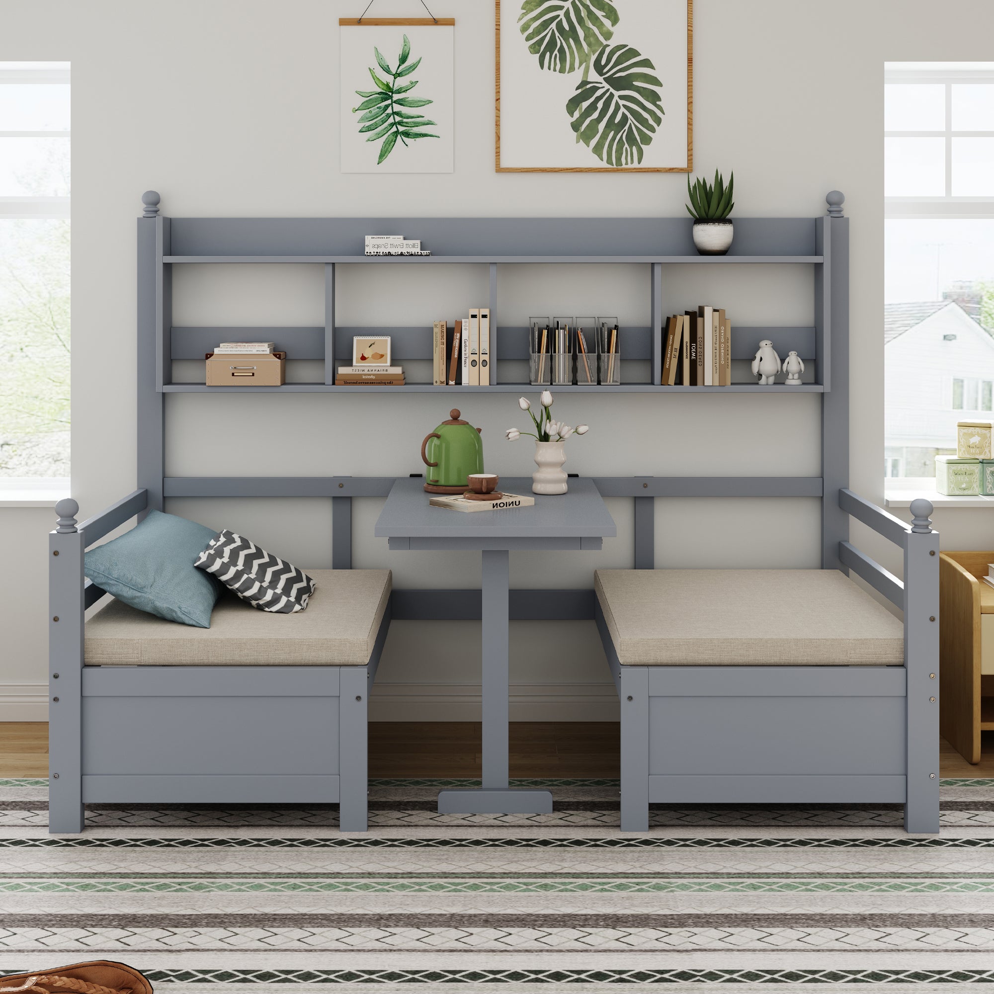 Sofa Bed, Multifunctional 2-in-1 Bed & Desk with Bookshelf, Solid Wood Gray