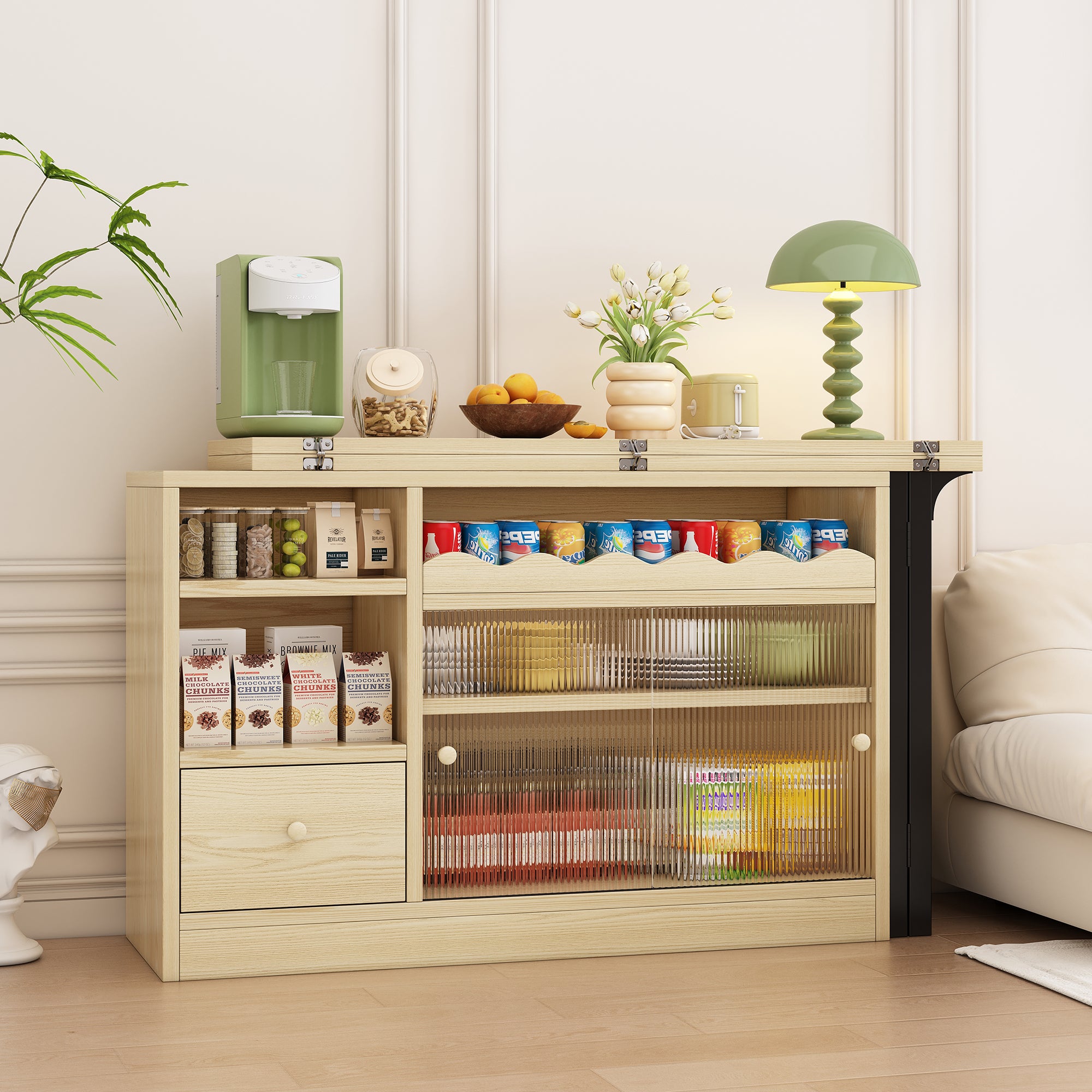 Extendable Folding Dining Table with Storage & 360° Rotation - Natural/Black