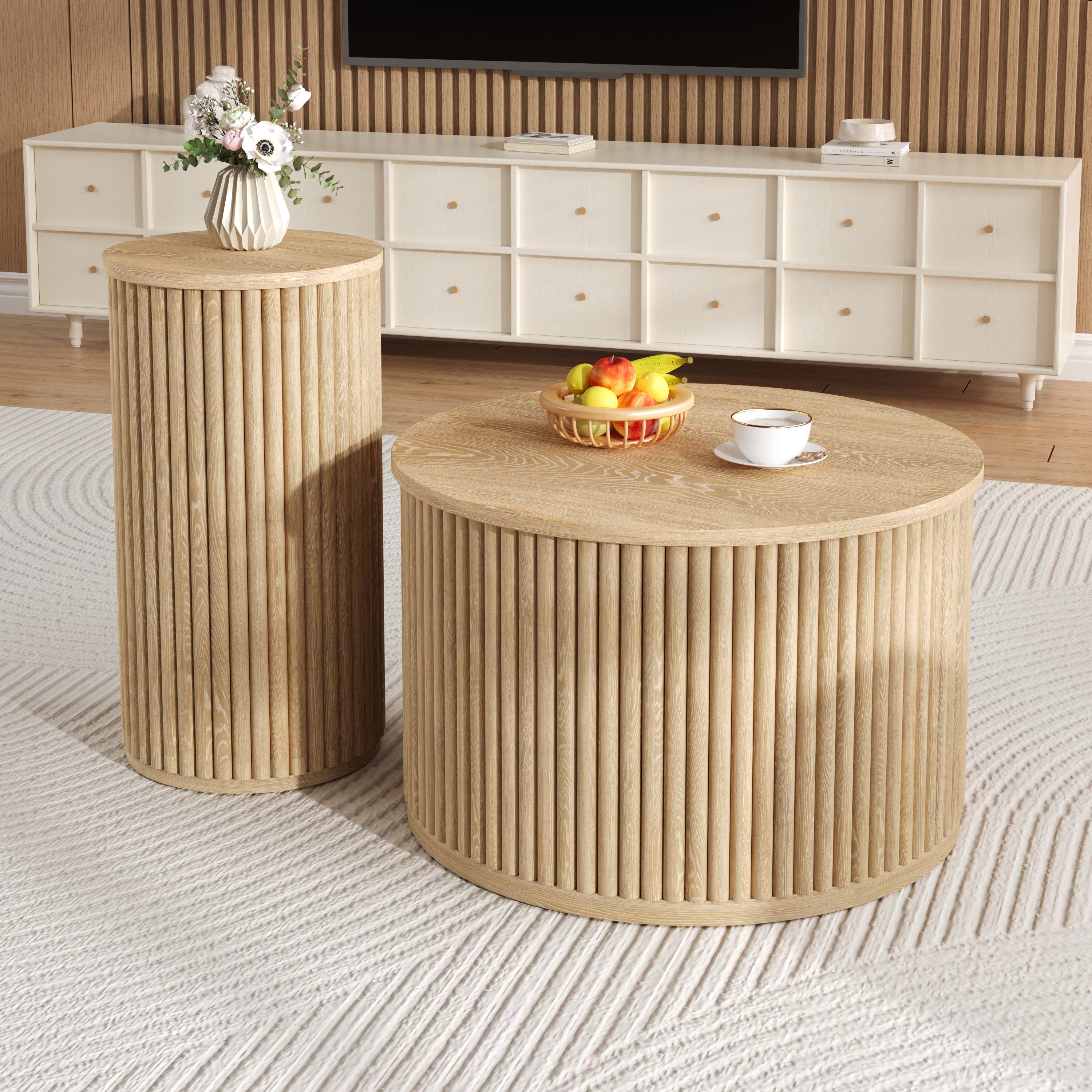 Coffee Table Double Round Slatted - Natural Wood