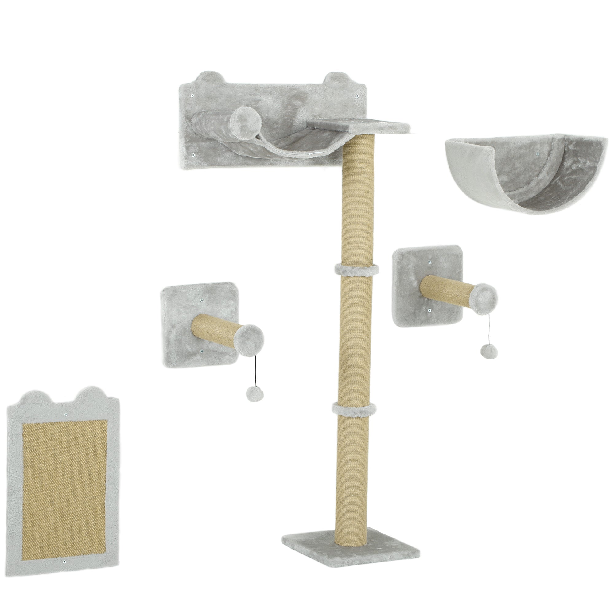 Cat Climbing Wall, 5-Piece, Hammock, Jumping Platform, Light Gray Polyester